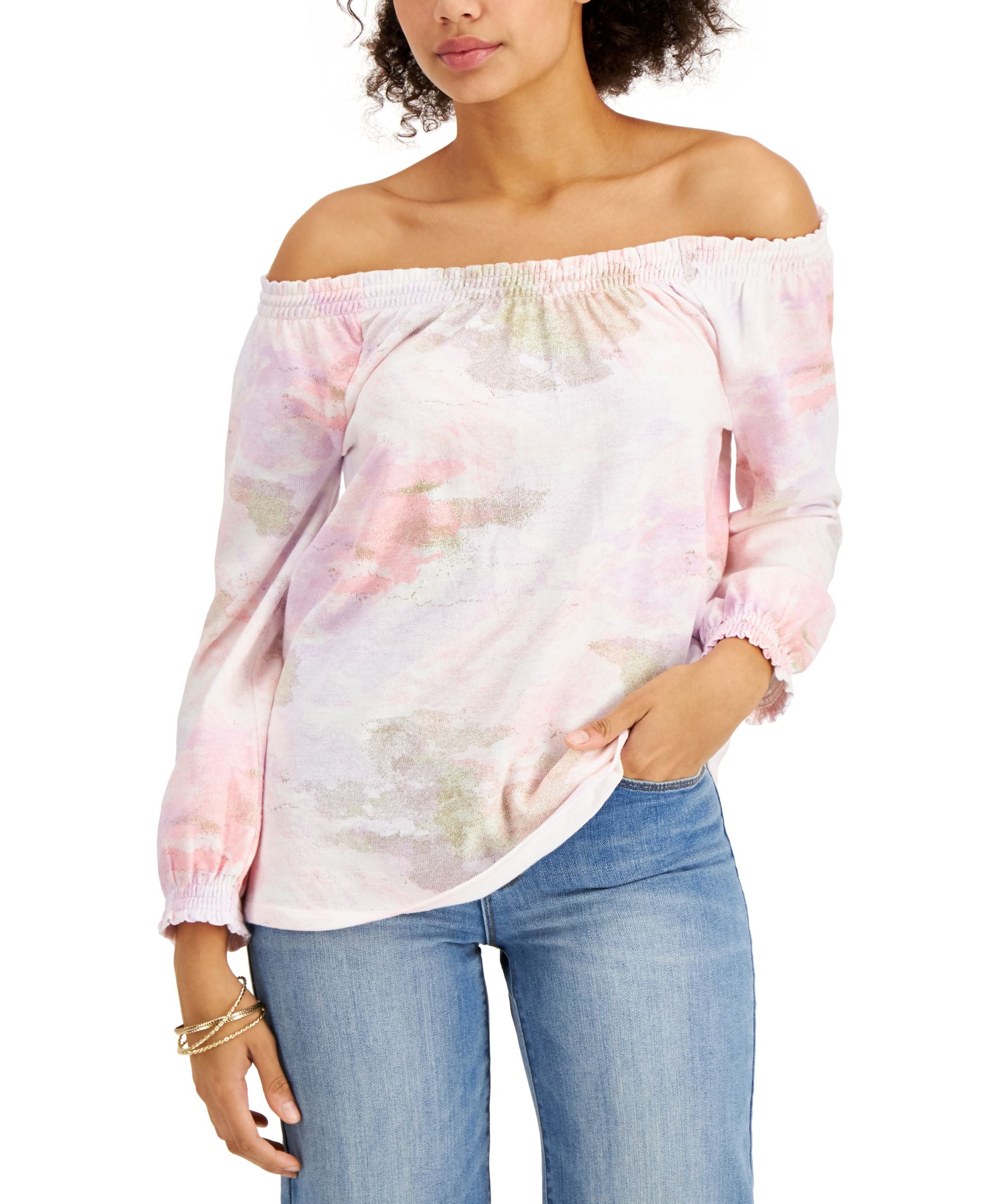 Style & Co Cotton Printed Off The Shoulder Premium Top