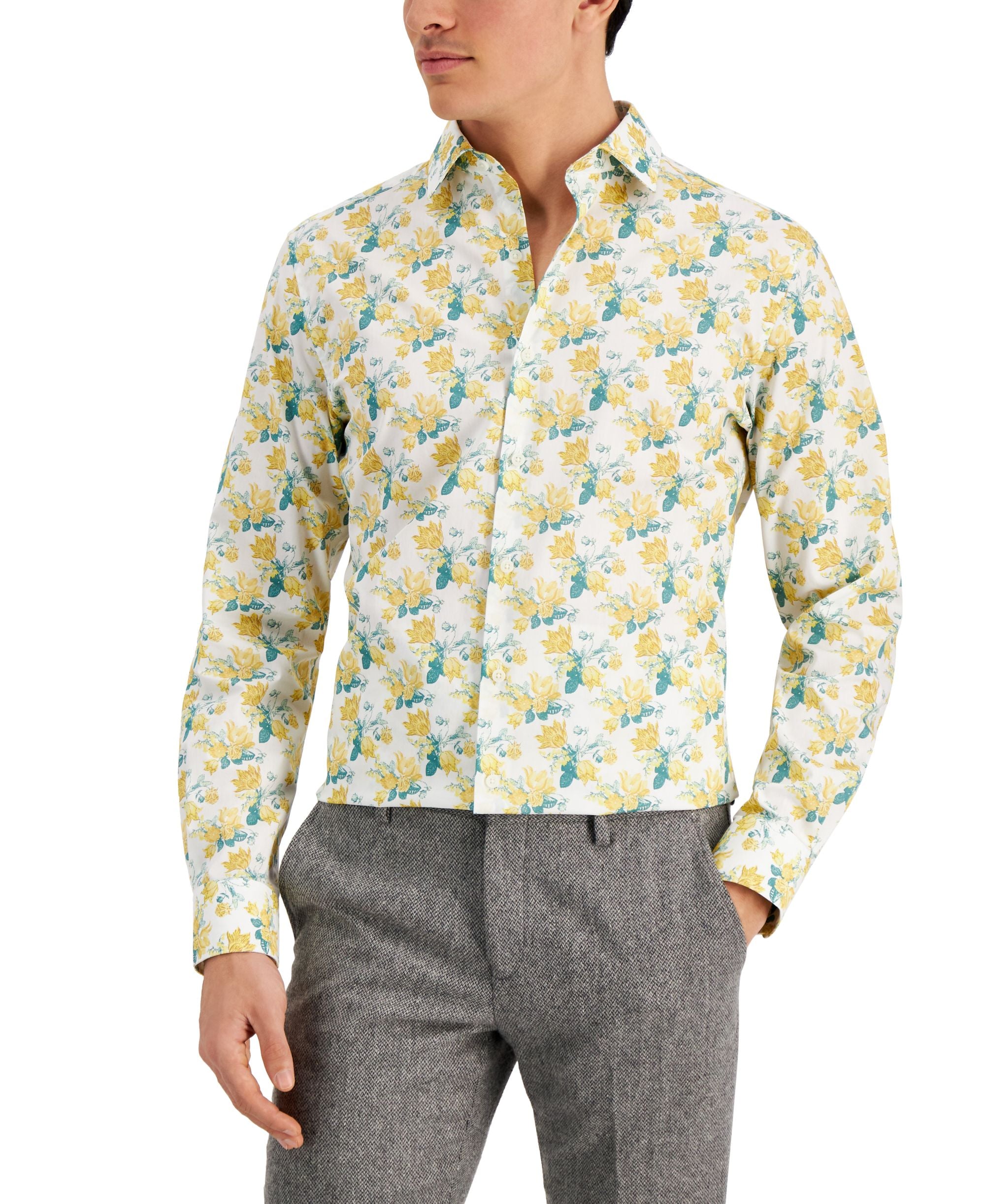 Bar III Mens Slim-Cut Fit Floral Dress Modern Shirt