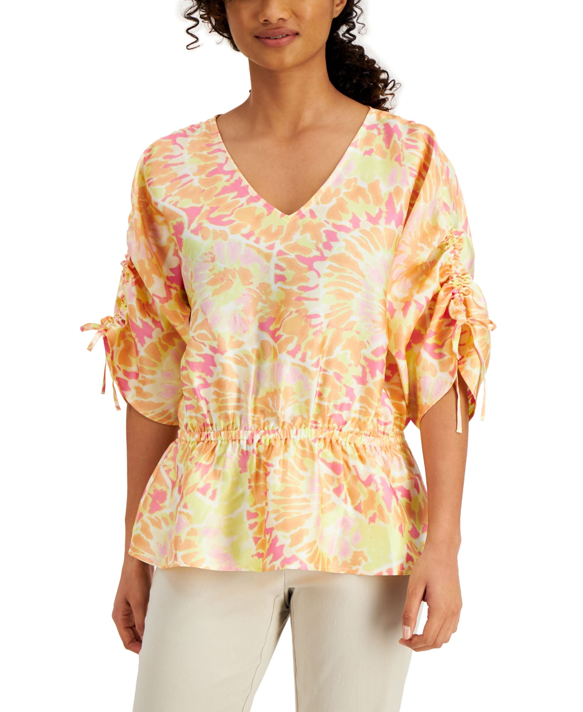 JM Collection Printed V Neck Gathered Waist Premium Top