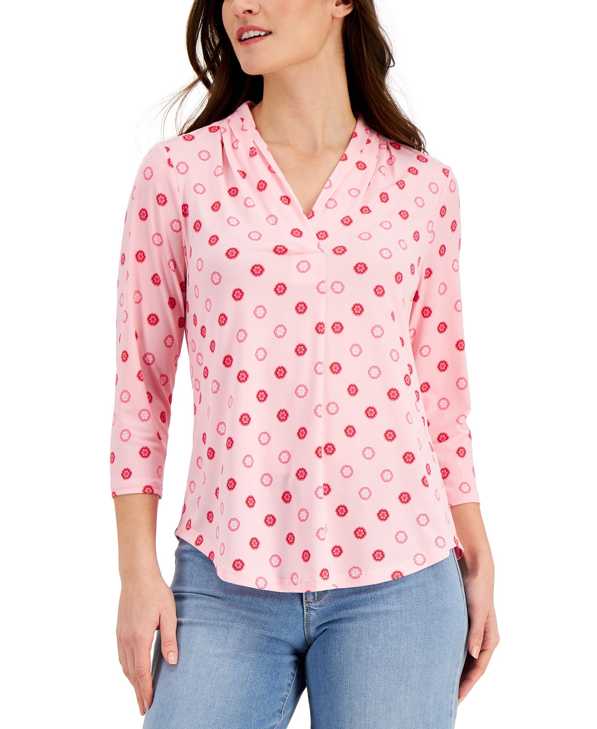 Charter Club Pleated Neck 3/4 Sleeve Premium Top