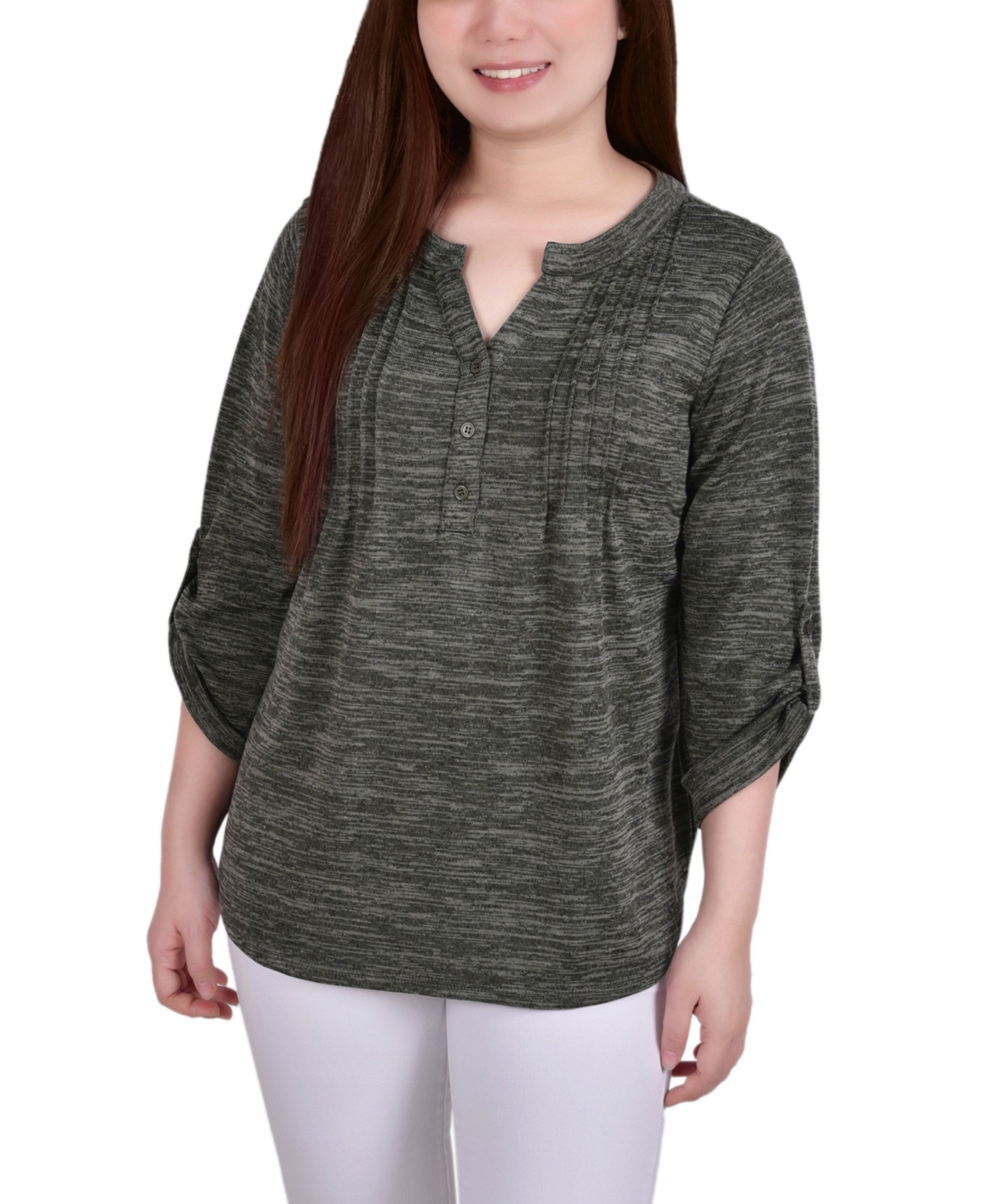 Women's 3/4 Roll Tab Sleeve Y-Neck Premium Top