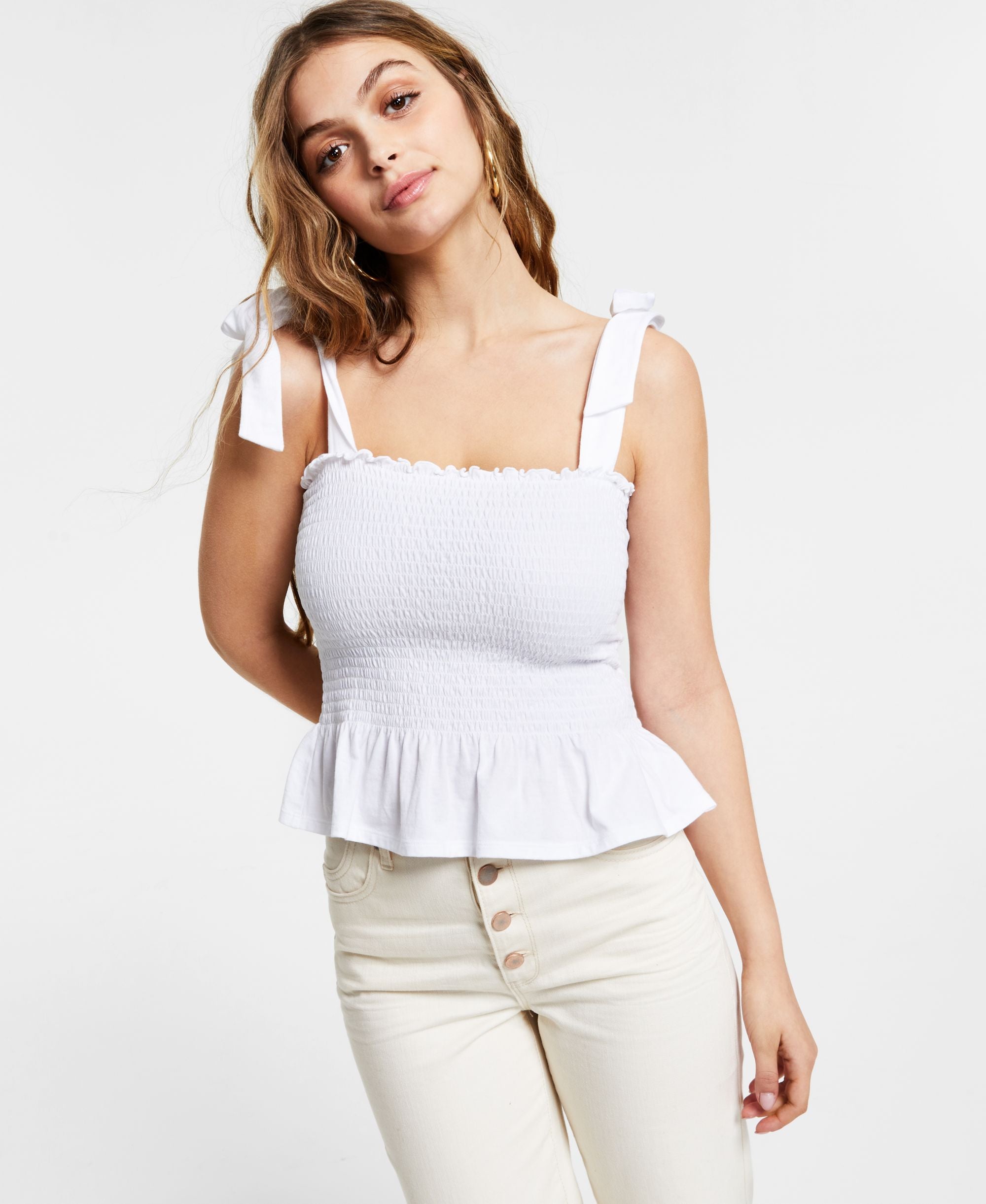 Bar III Cotton Smocked Peplum Premium Top