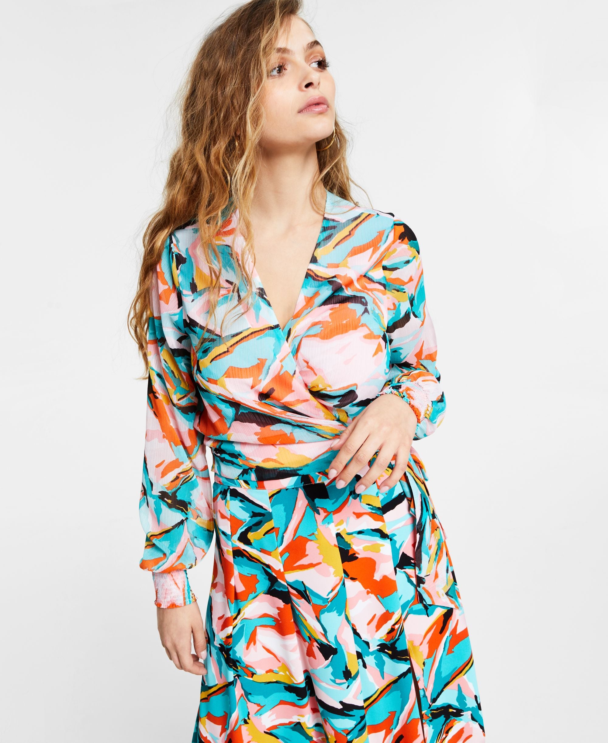 Bar III Printed Tie-Waist Wrap Signature Blouse