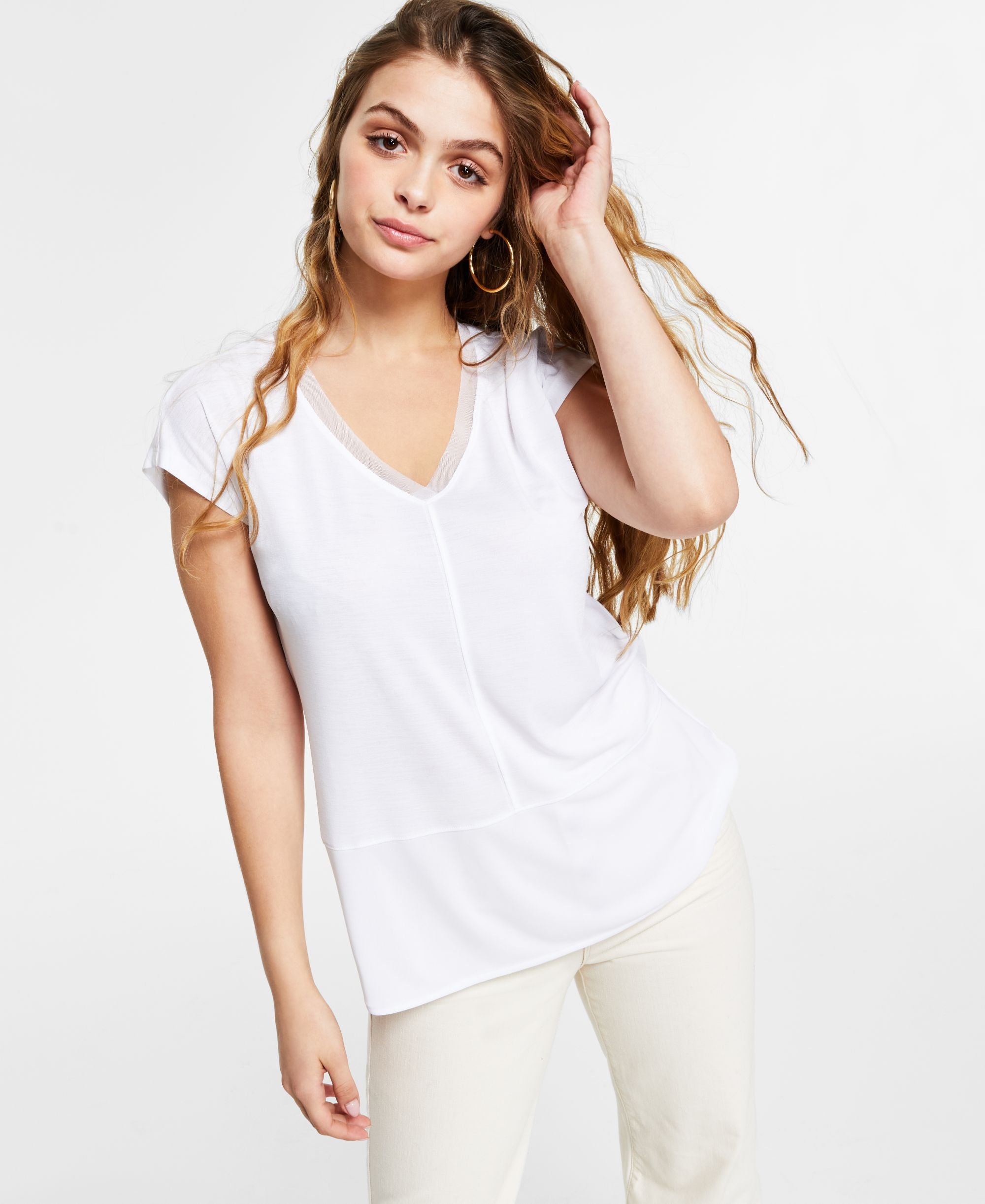 V-Neck Mixed-Media Mesh Premium Top