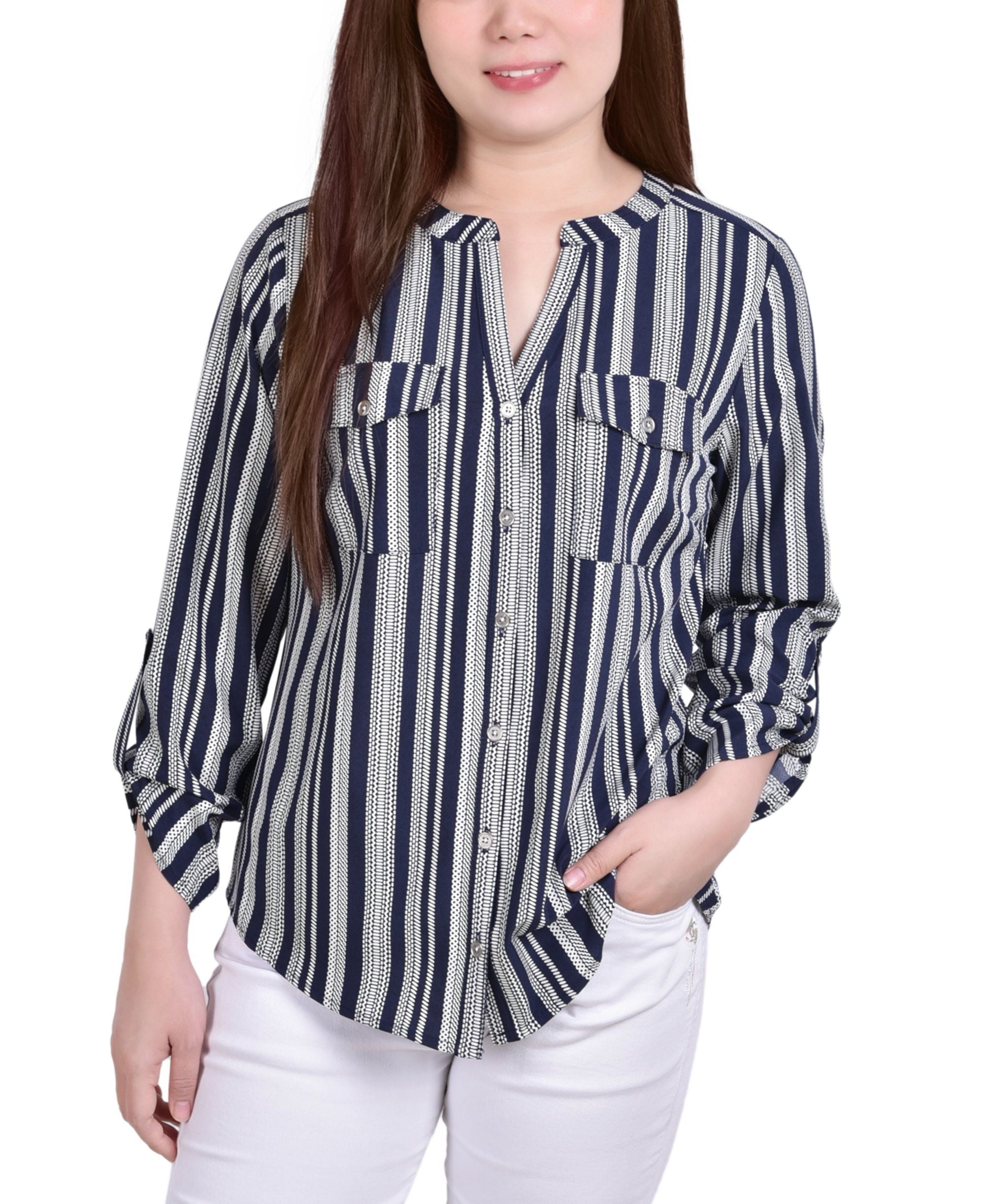Petite 3/4 Sleeve Roll Tab Y Neck Signature Blouse