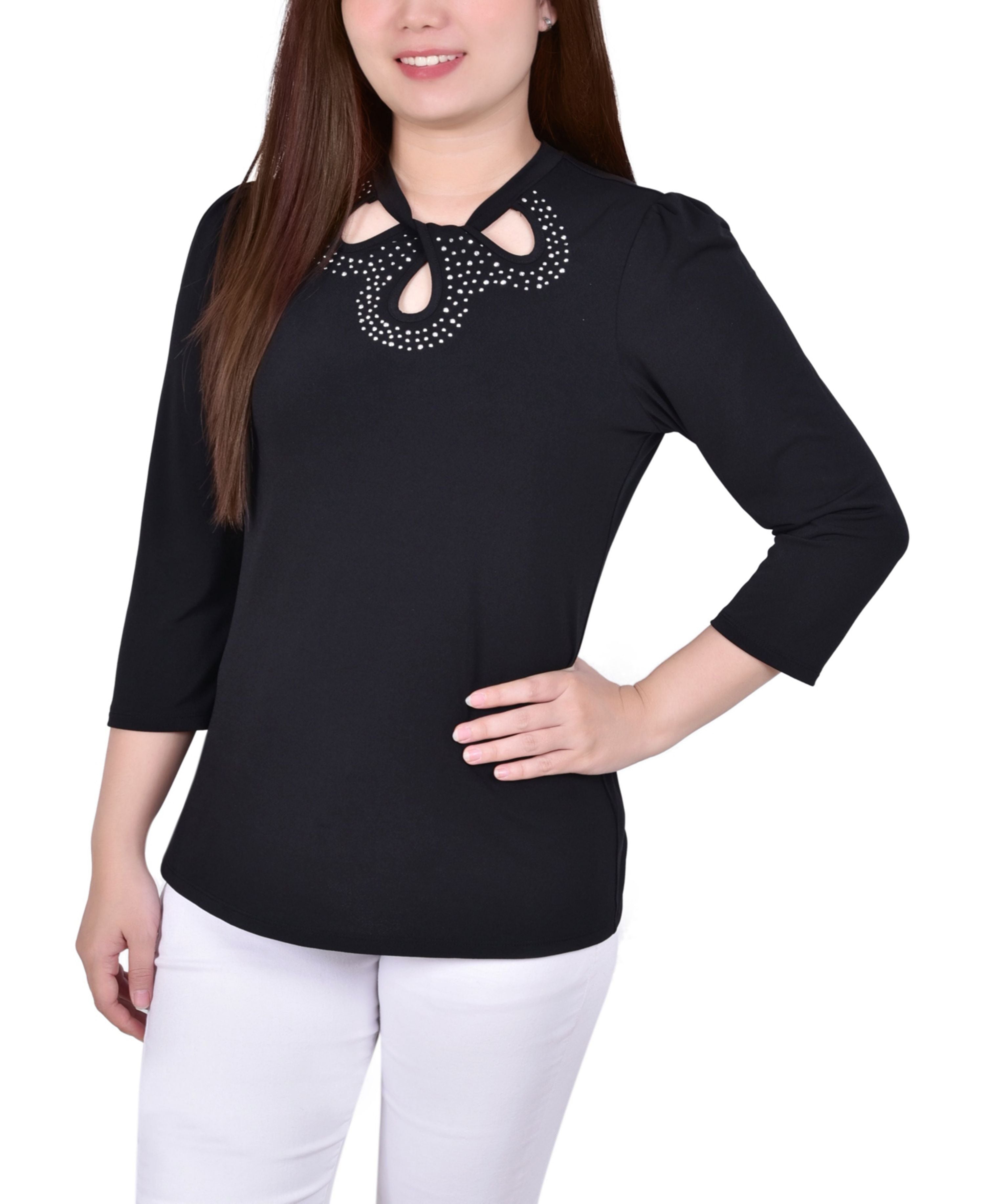 Petite 3/4 Sleeve Knit Crepe Studded Keyhole Premium Top