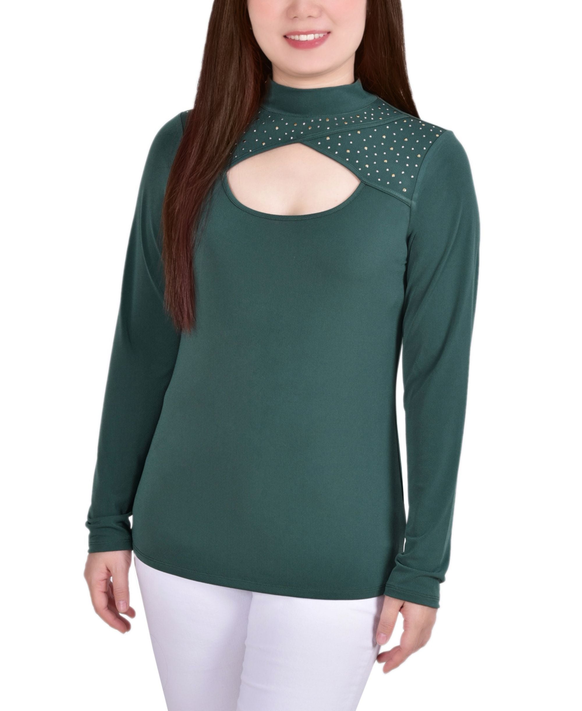 Petite Long-Sleeve Studded Mock Neck Premium Top
