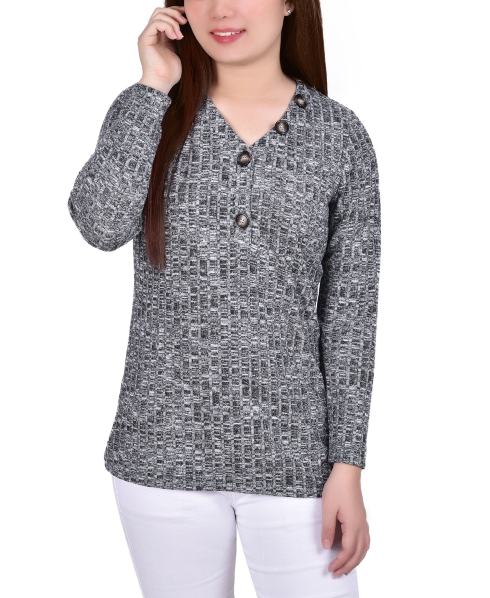 Petite Long-Sleeve Ribbed Henley Premium Top