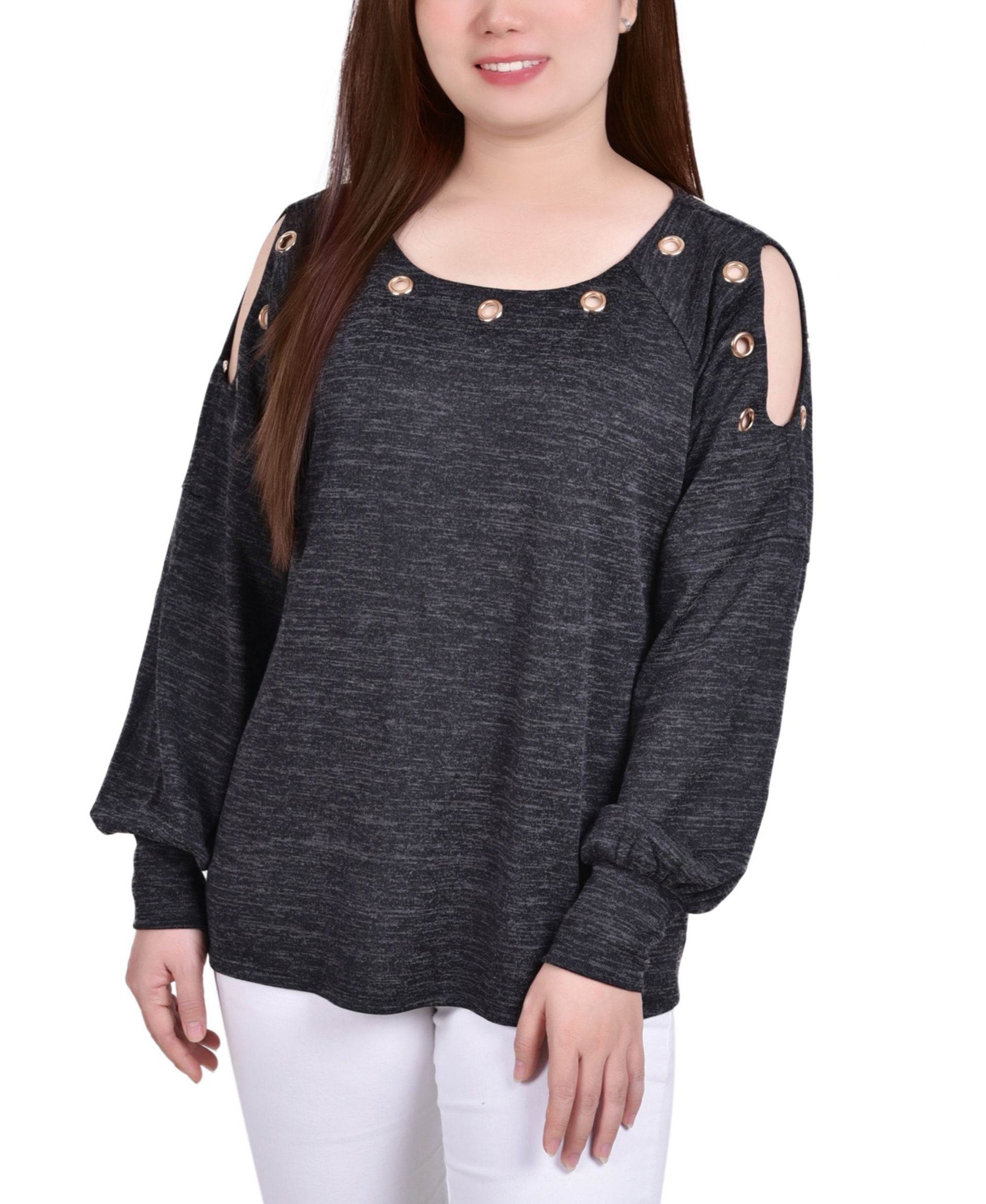 Petite Long-Sleeve Shoulder Cutout Tunic Premium Top