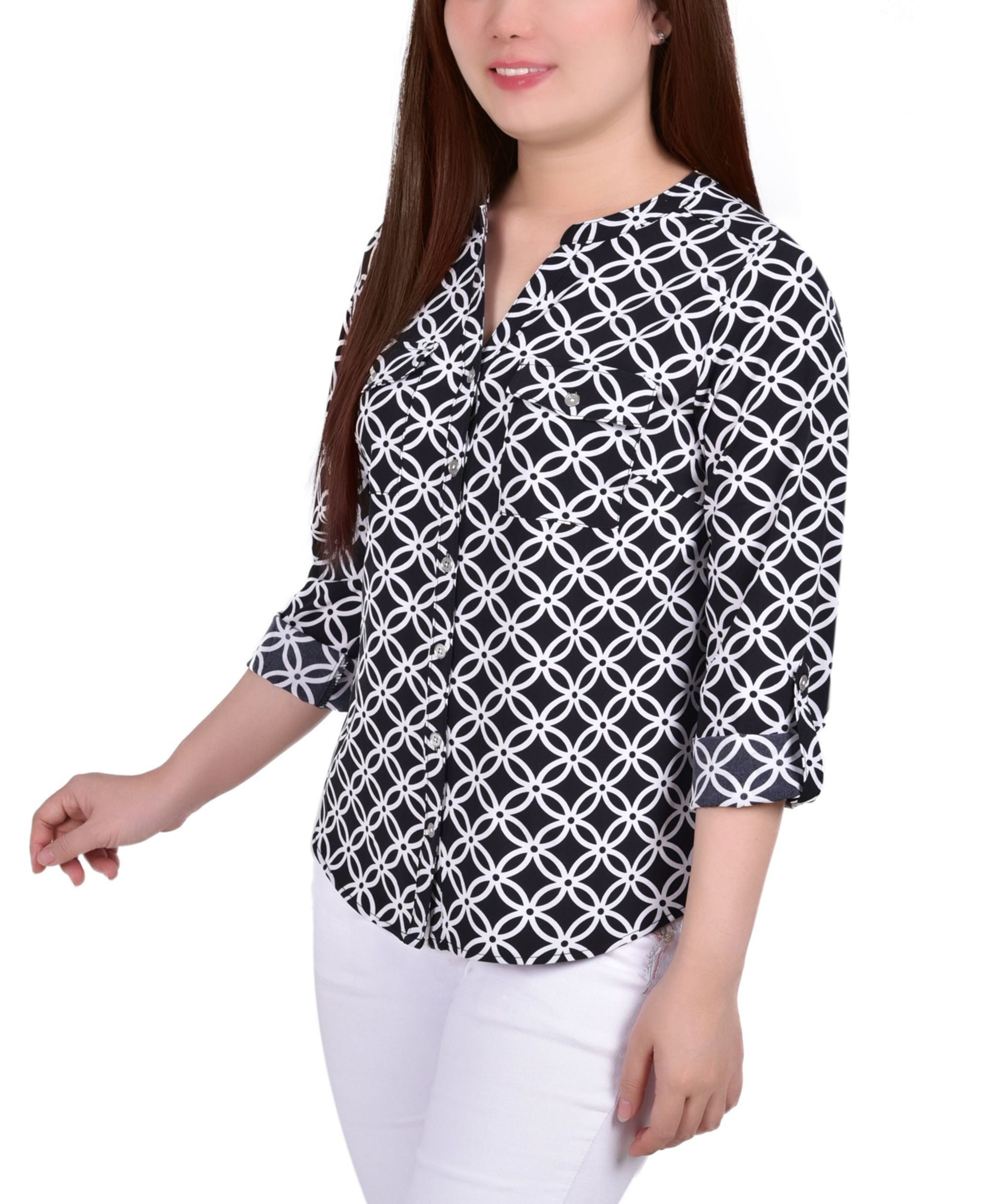 Petite 3/4 Sleeve Roll Tab Y Neck Signature Blouse