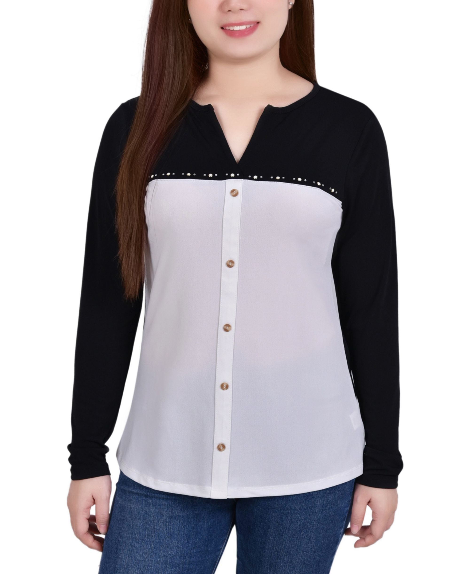 Petite Long-Sleeve Studded Colorblocked Split Neck Premium Top