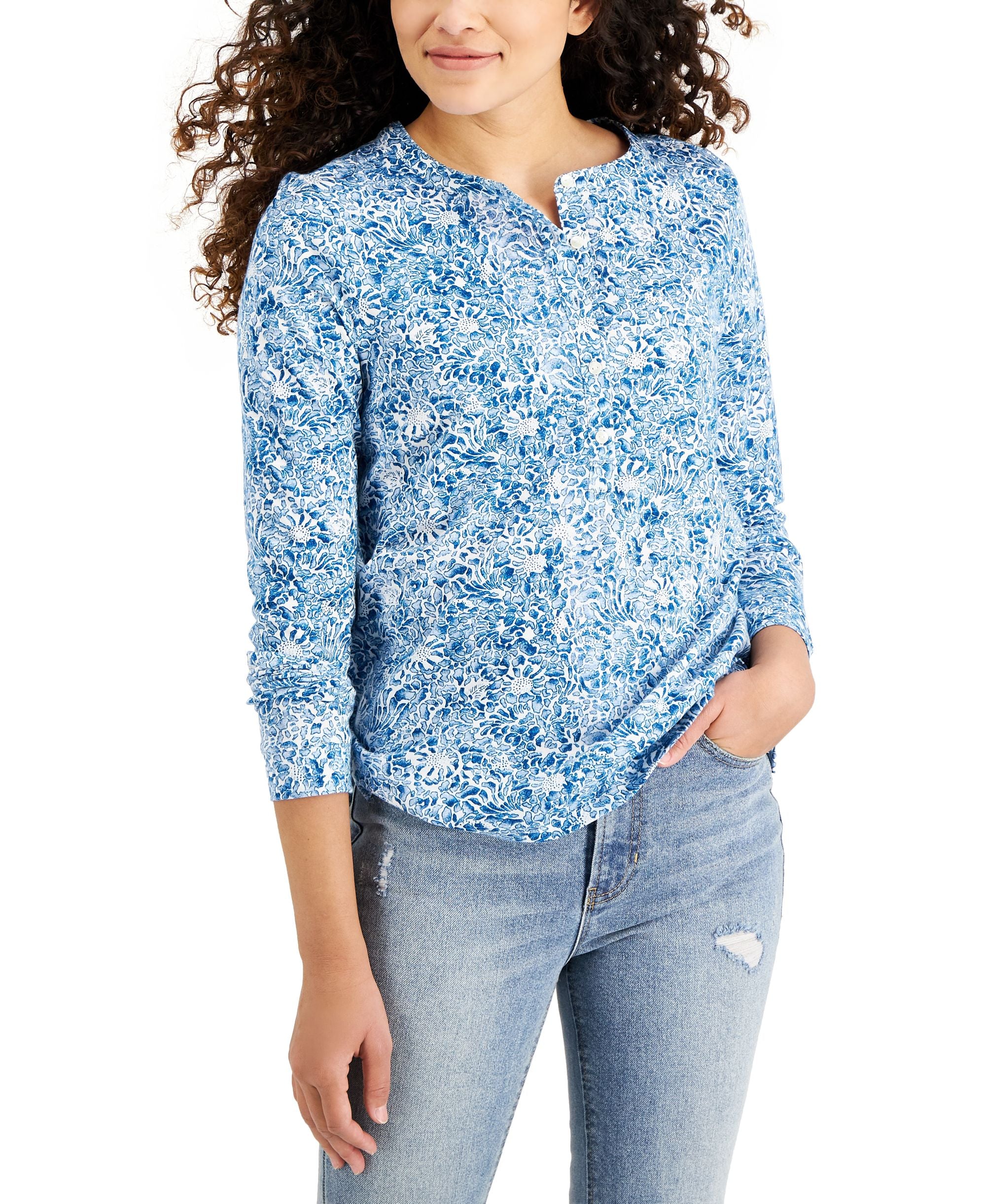 Style & Co Petite Printed Cotton Premium Top