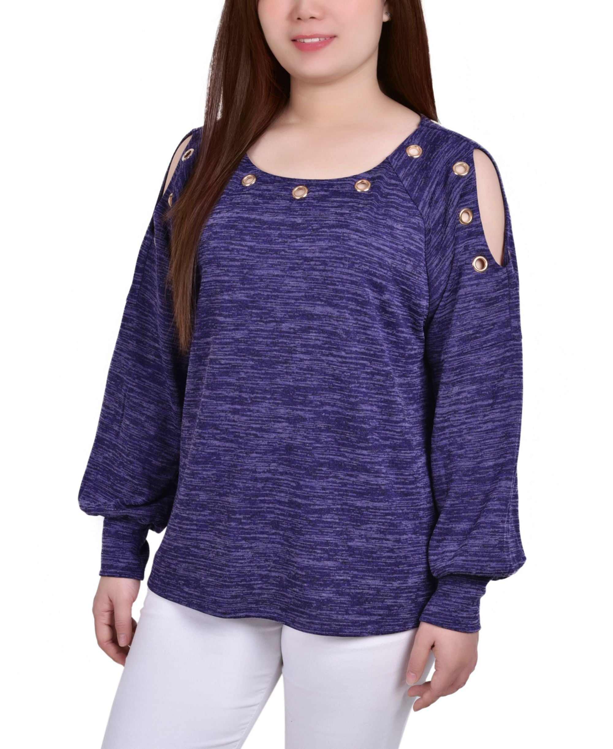 Petite Long-Sleeve Shoulder Cutout Tunic Premium Top