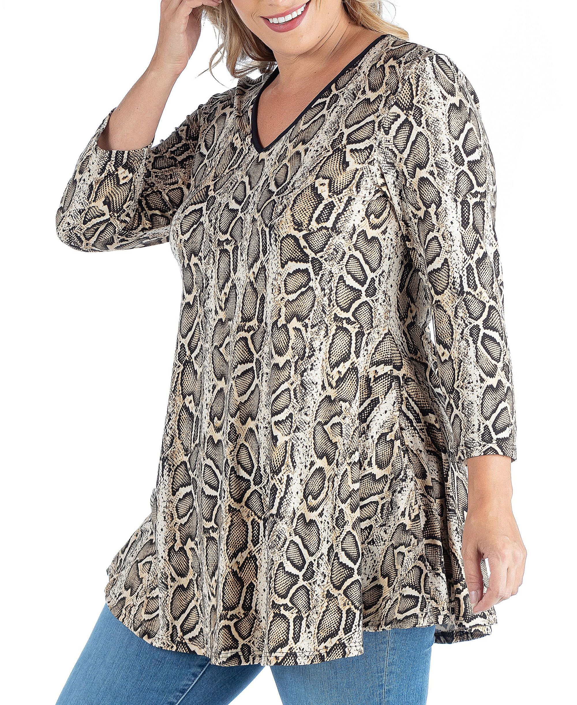 Plus Size Snake Print Three Quarter Sleeve Tunic Premium Top