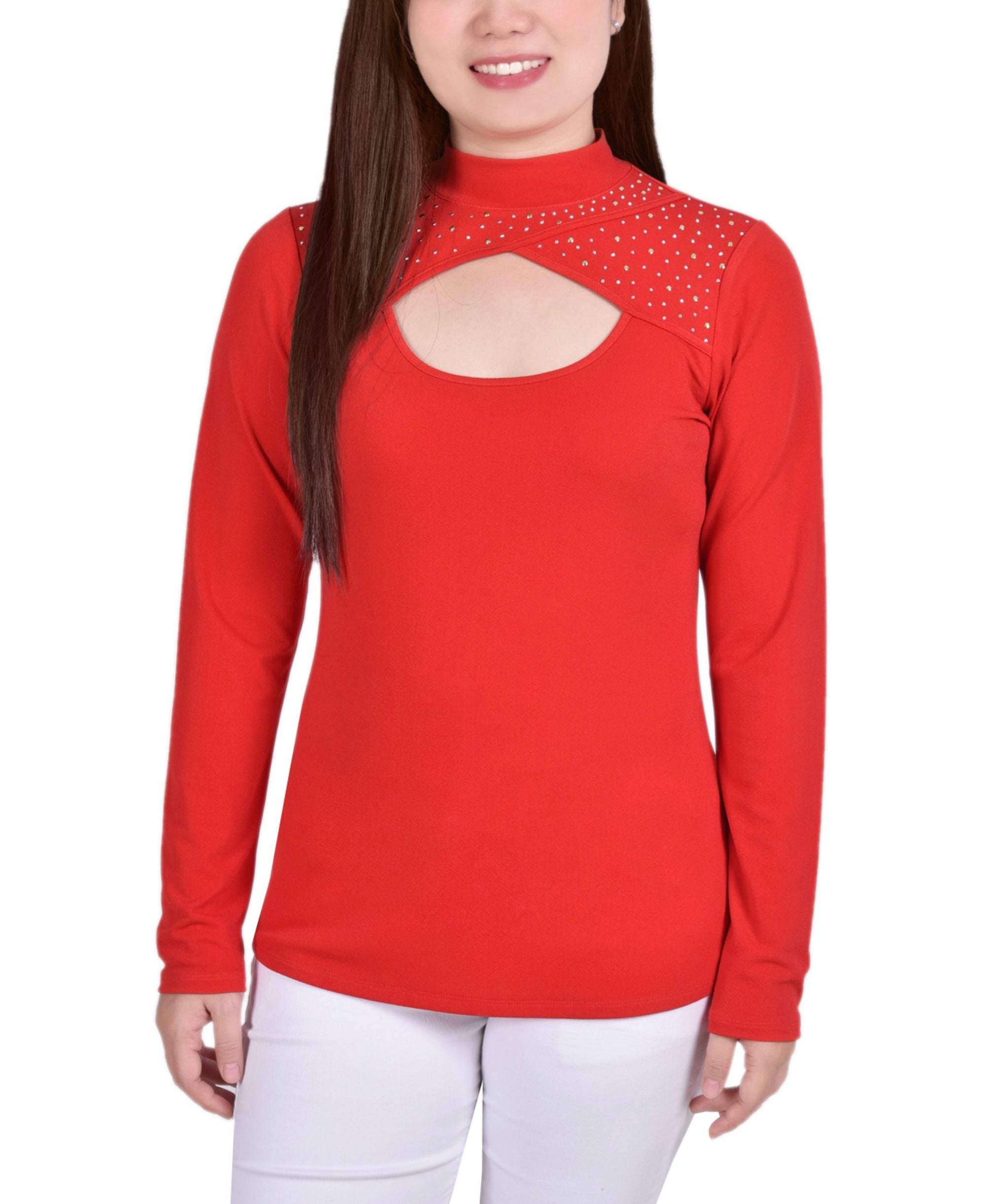 Petite Long-Sleeve Studded Mock Neck Premium Top