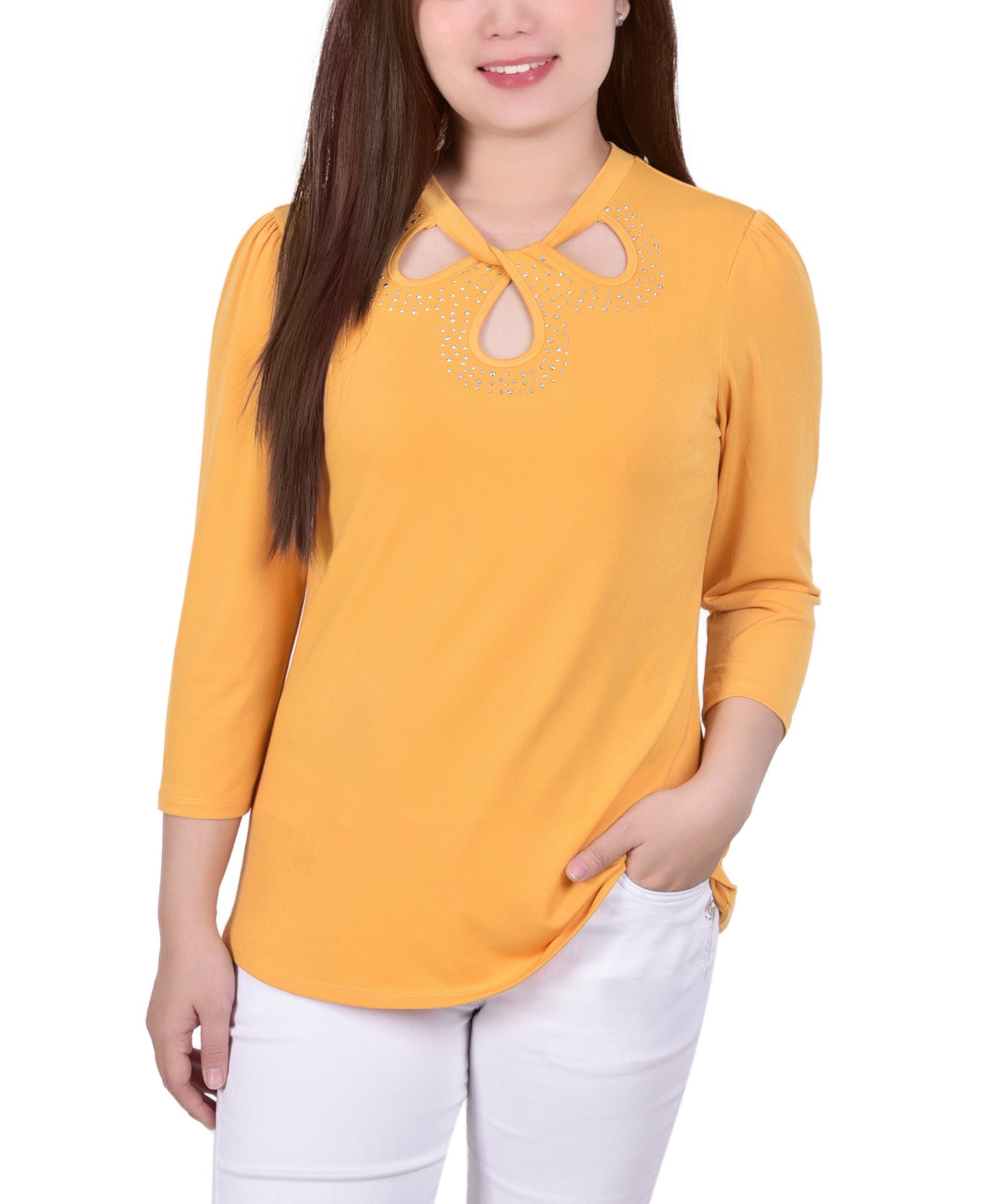 Petite 3/4 Sleeve Knit Crepe Studded Keyhole Premium Top
