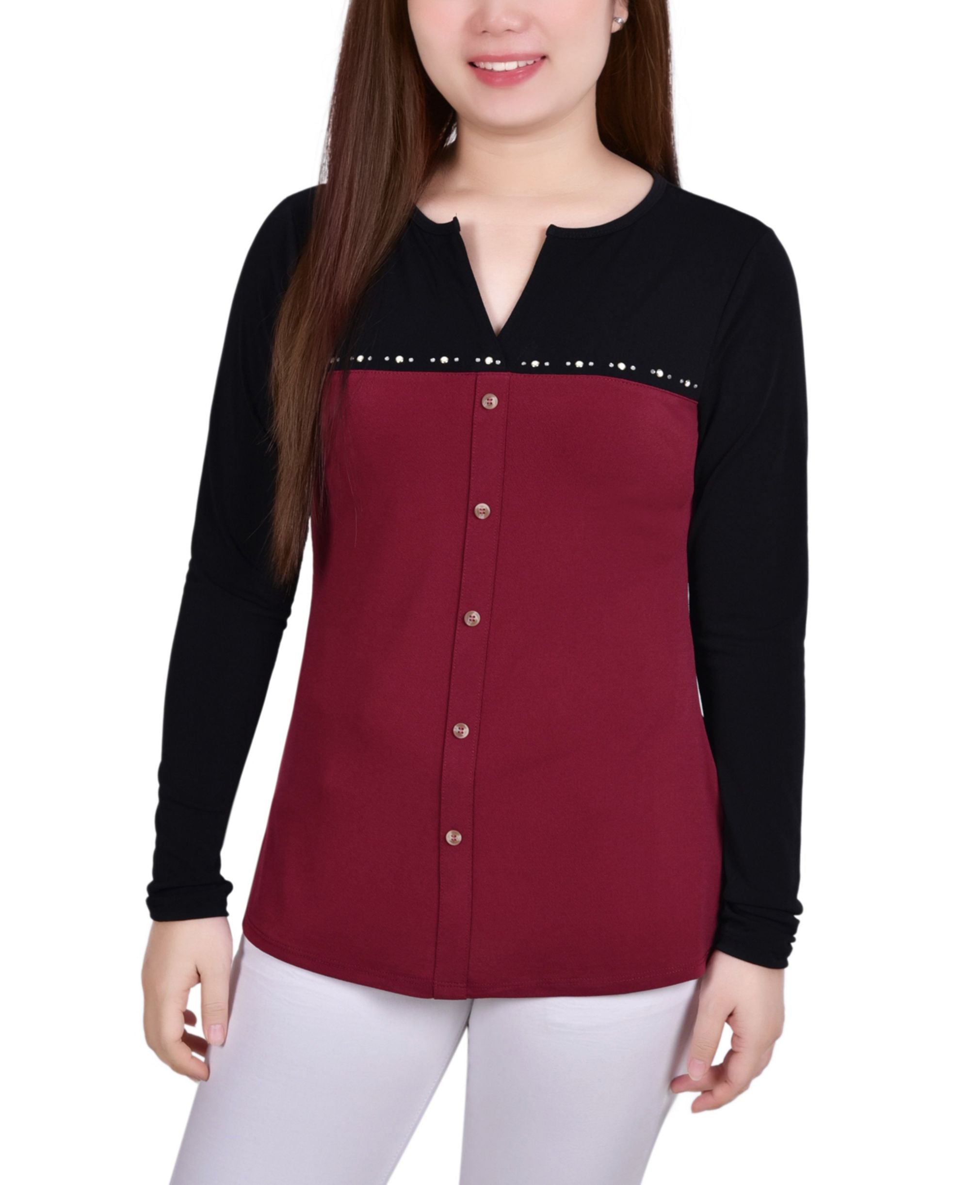Petite Long-Sleeve Studded Colorblocked Split Neck Premium Top
