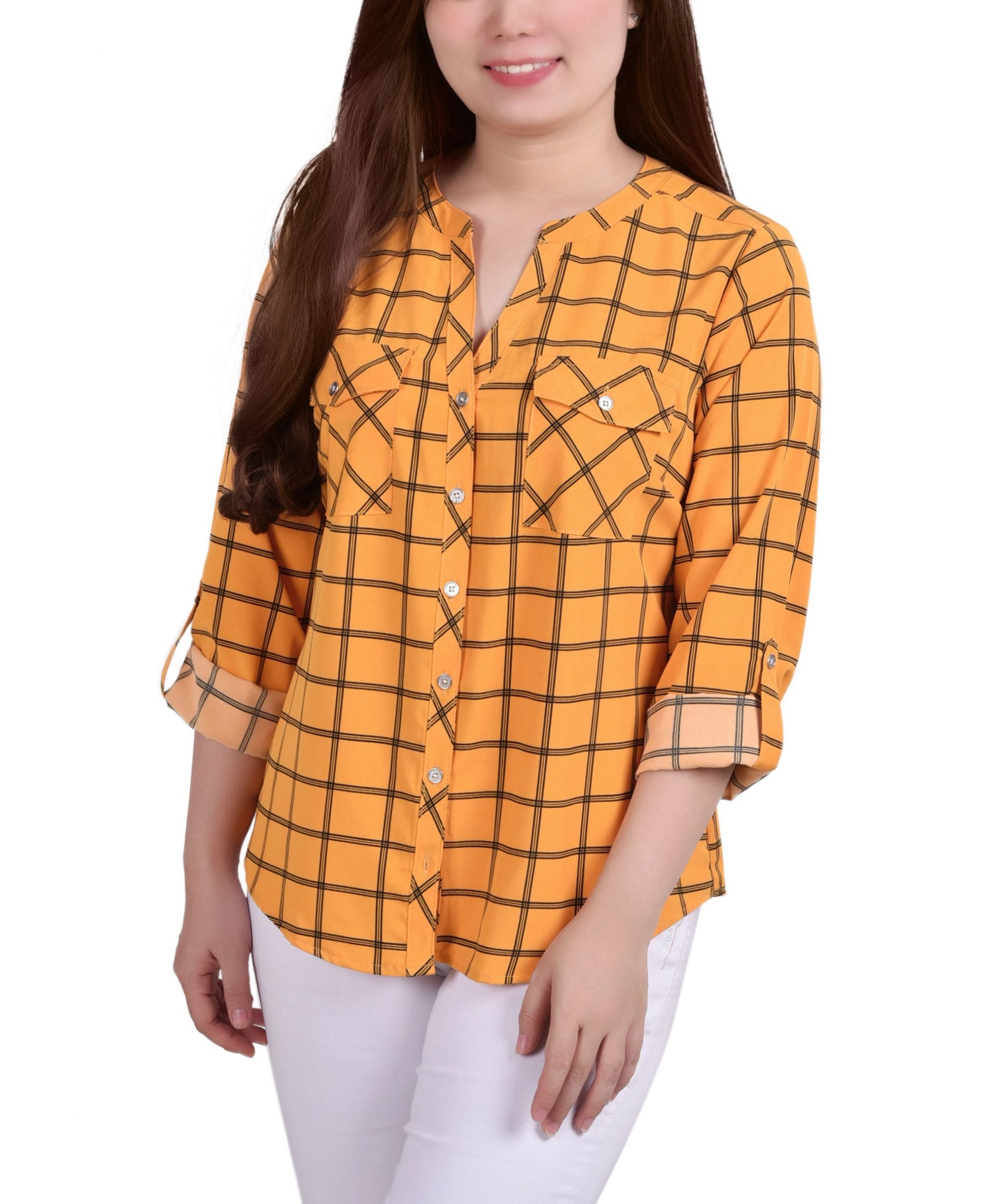 Petite 3/4 Sleeve Roll Tab Y Neck Signature Blouse