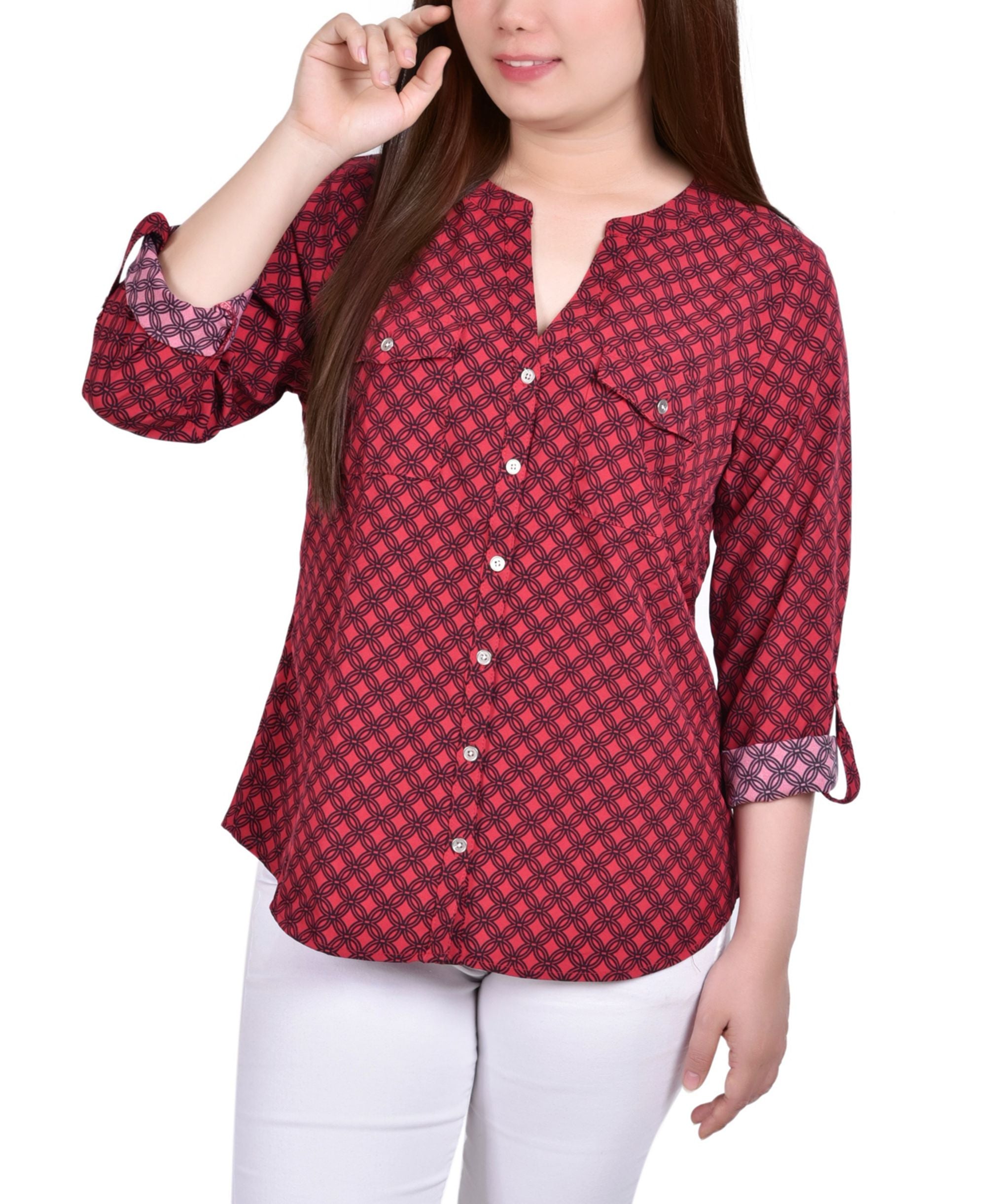 Petite 3/4 Sleeve Roll Tab Y Neck Signature Blouse