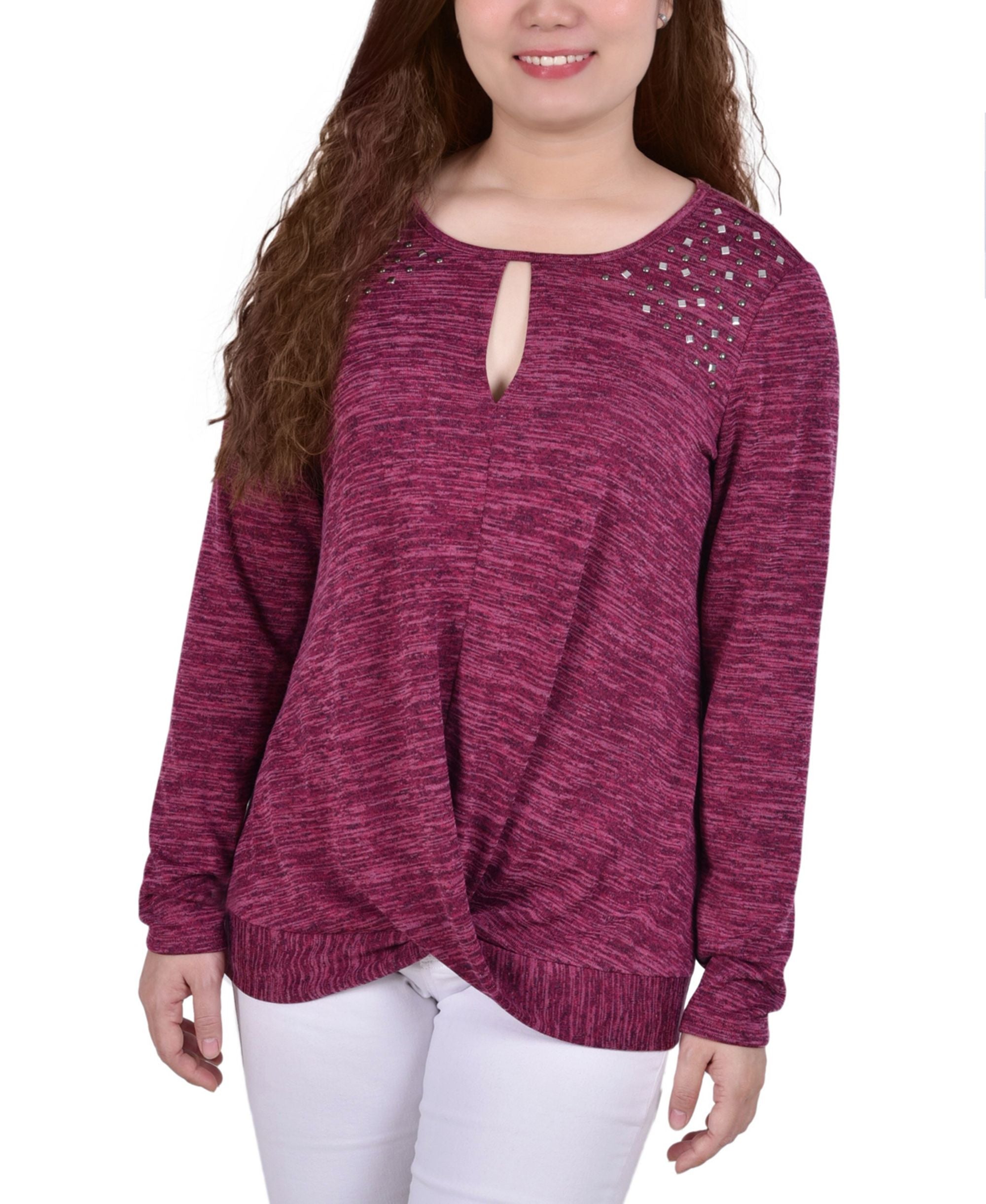 Petite Long-Sleeve Knit Keyhole Premium Top