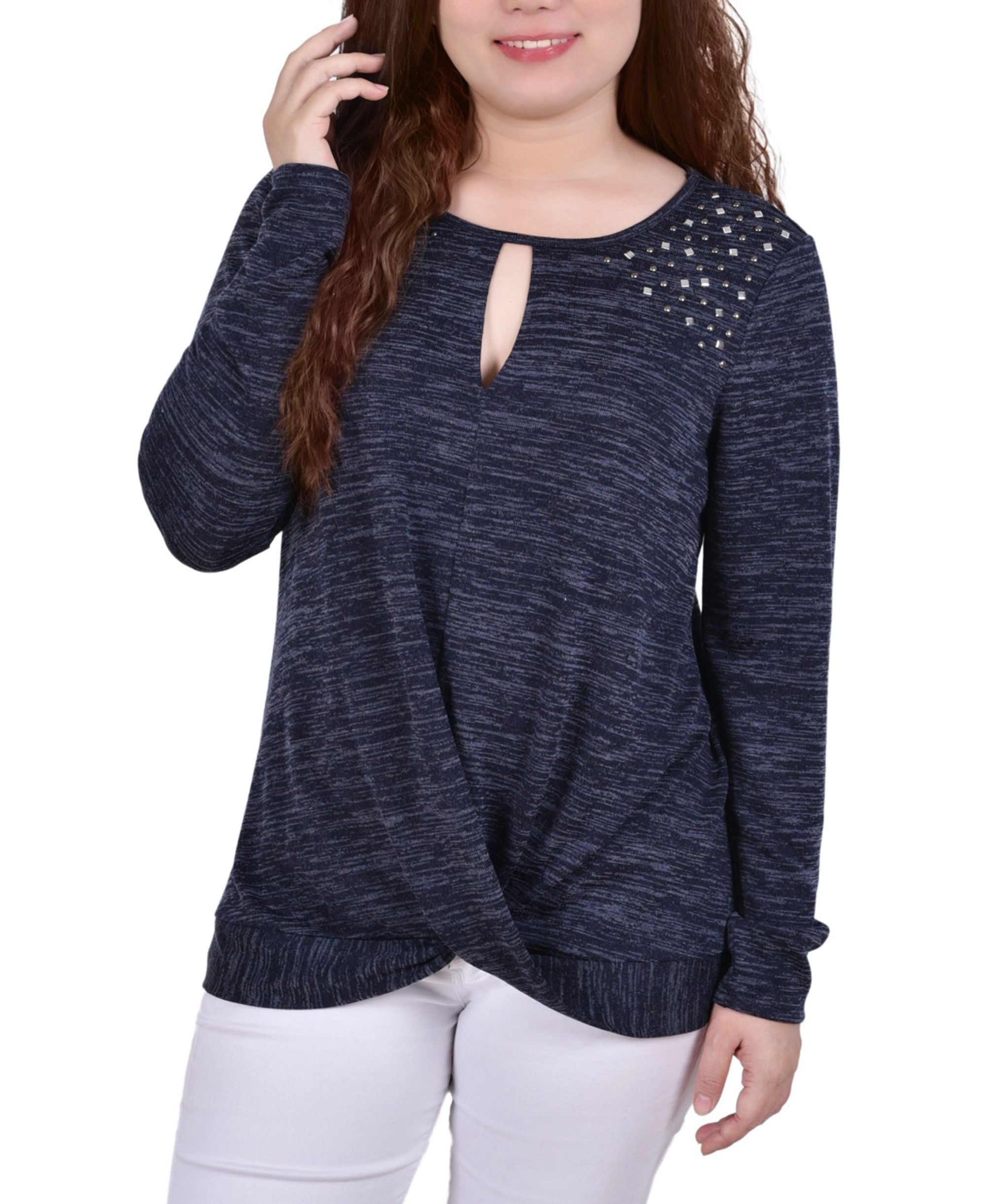 Petite Long-Sleeve Knit Keyhole Premium Top