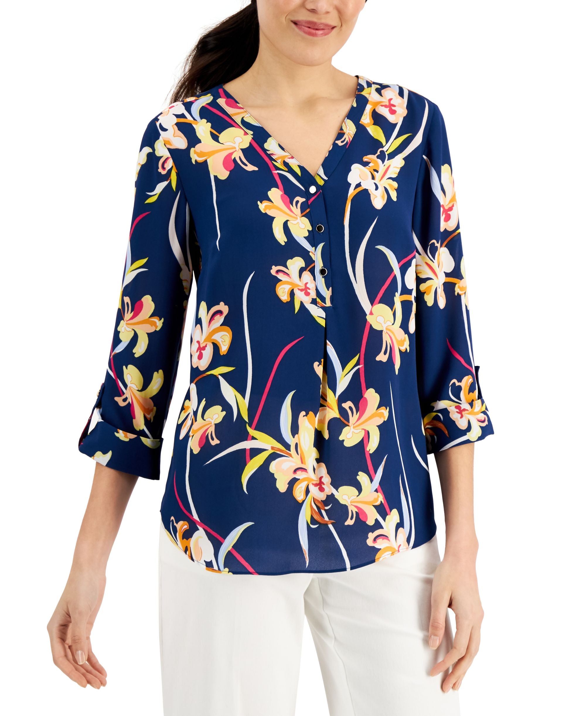 JM Collection Garden Grove Printed Tab Sleeve Premium Top