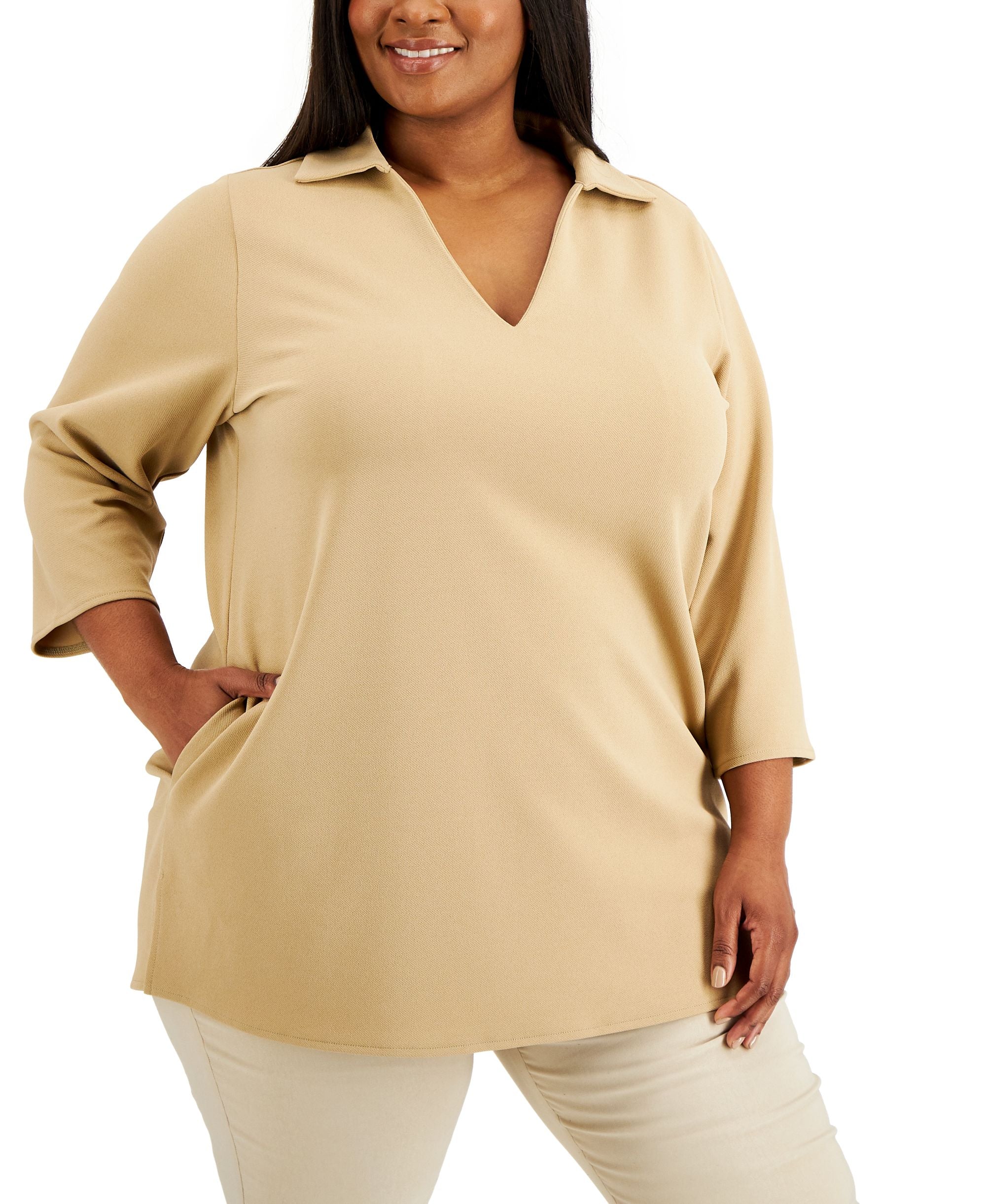 Alfani Plus Size 3/4 Sleeve Collared Tunic Premium Top