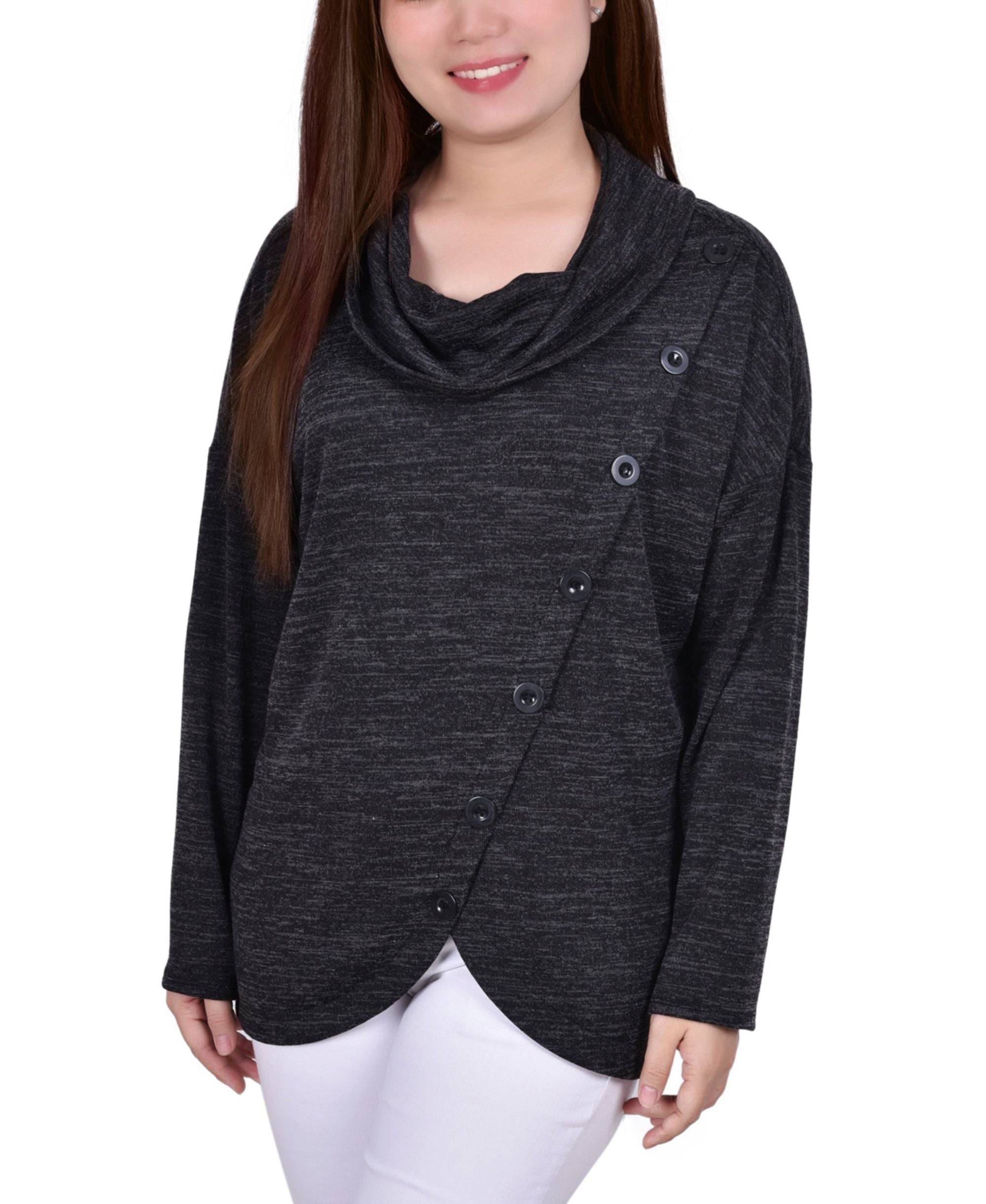 Petite Long-Sleeve Cowl Neck Pullover With Buttons Premium Top