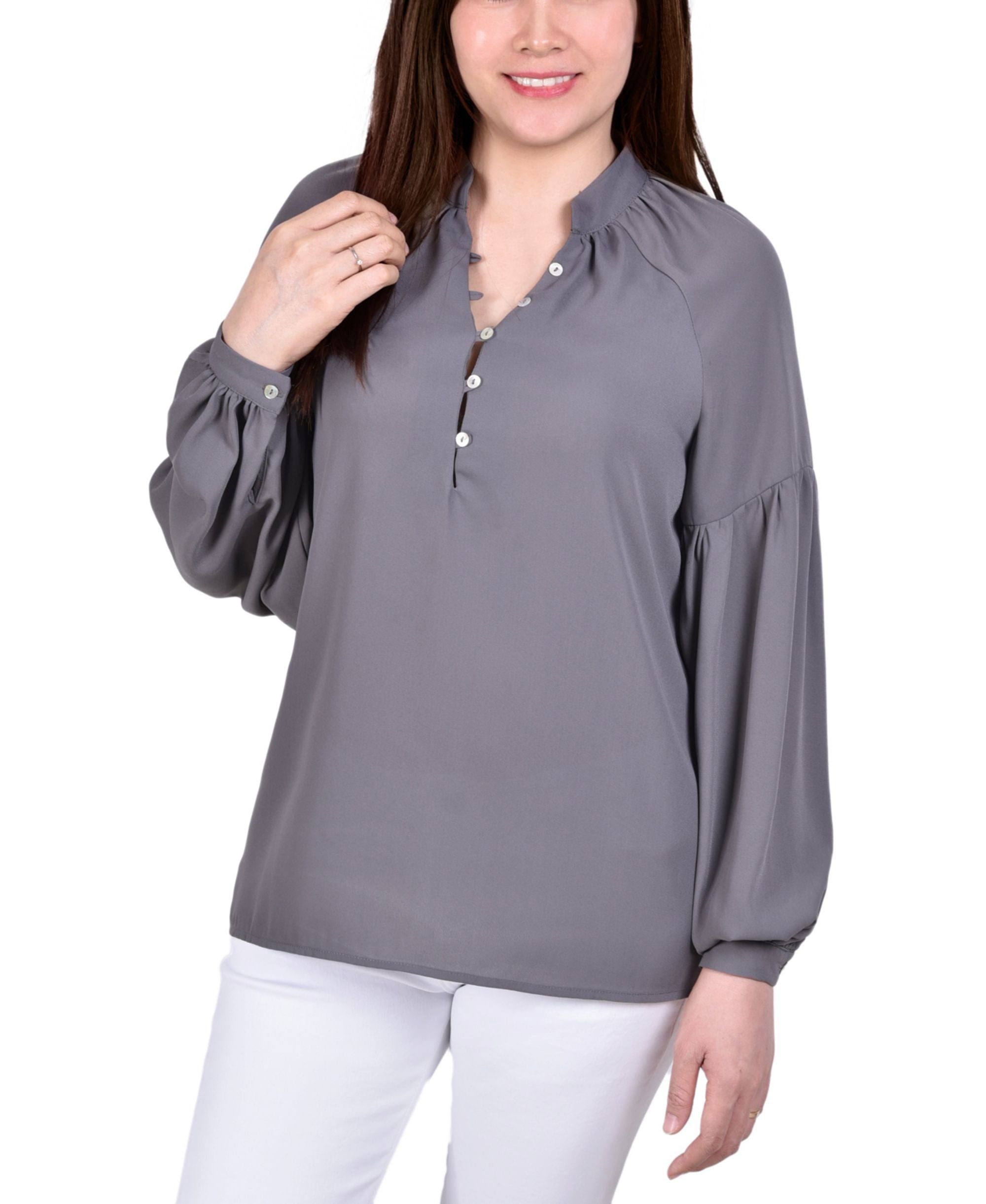 Petite Long-Sleeve Mandarin Collar Signature Blouse Premium Top