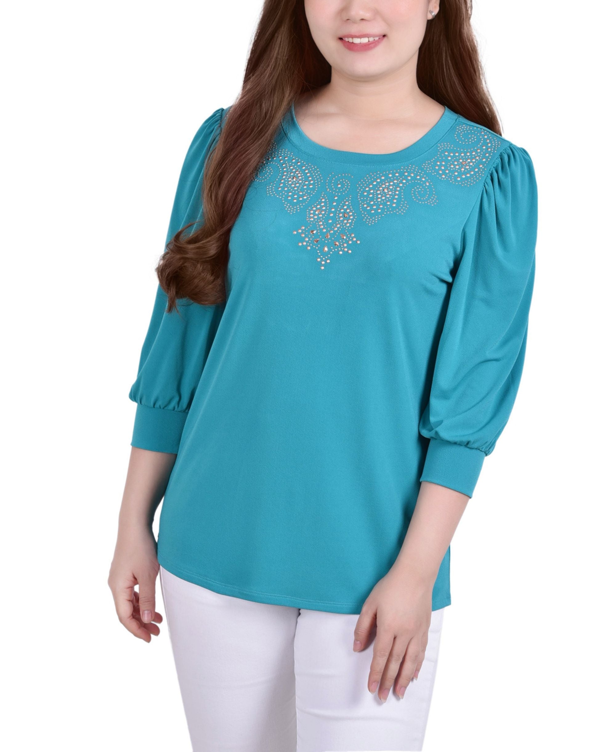 Petite Elbow Sleeve Crepe Studded Front Premium Top