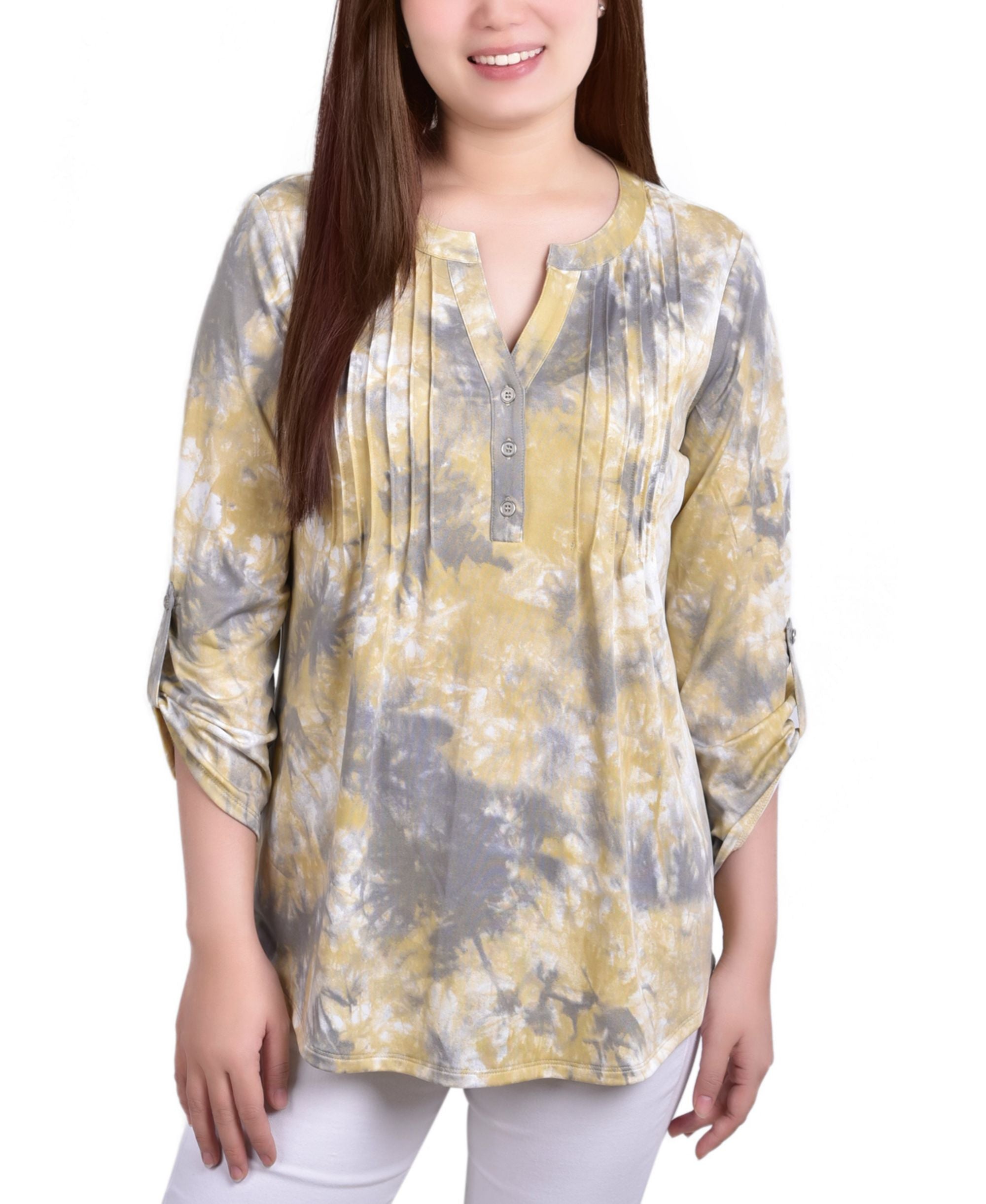 Petite Knit Jacquard 3/4 Sleeve Roll Tab Premium Top