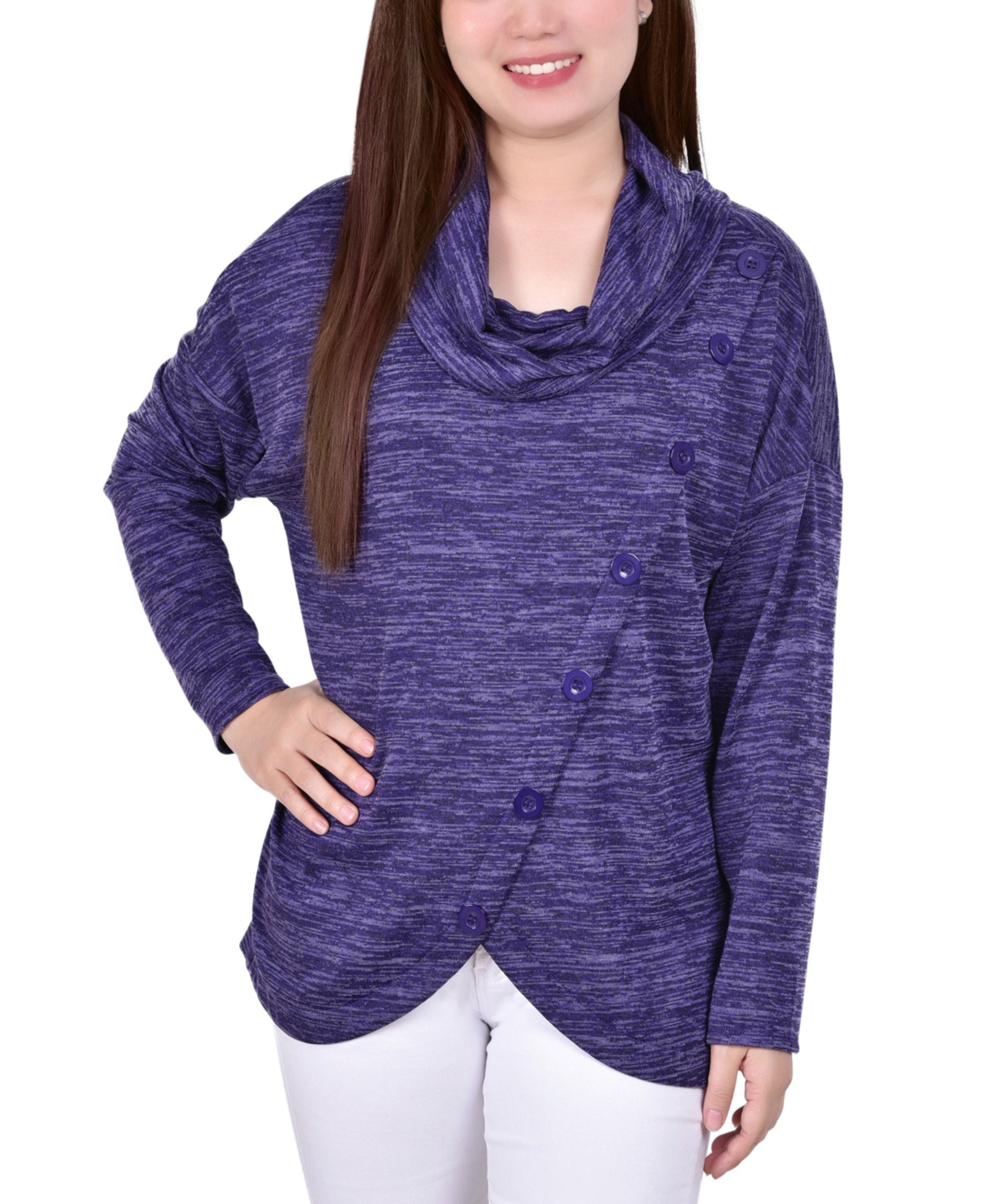 Petite Long-Sleeve Cowl Neck Pullover With Buttons Premium Top