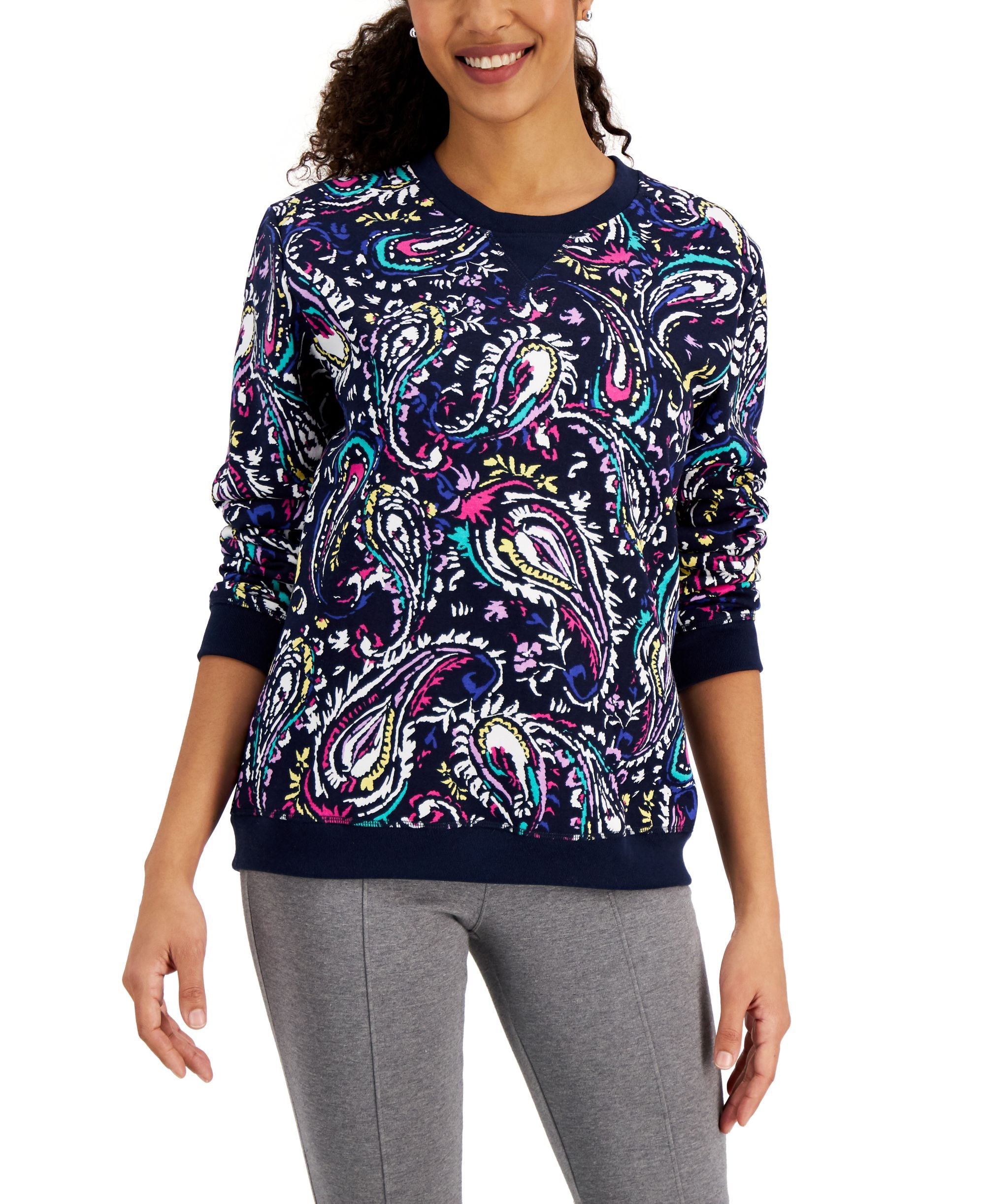 Karen Scott Jane Paisley Crewneck Premium Top
