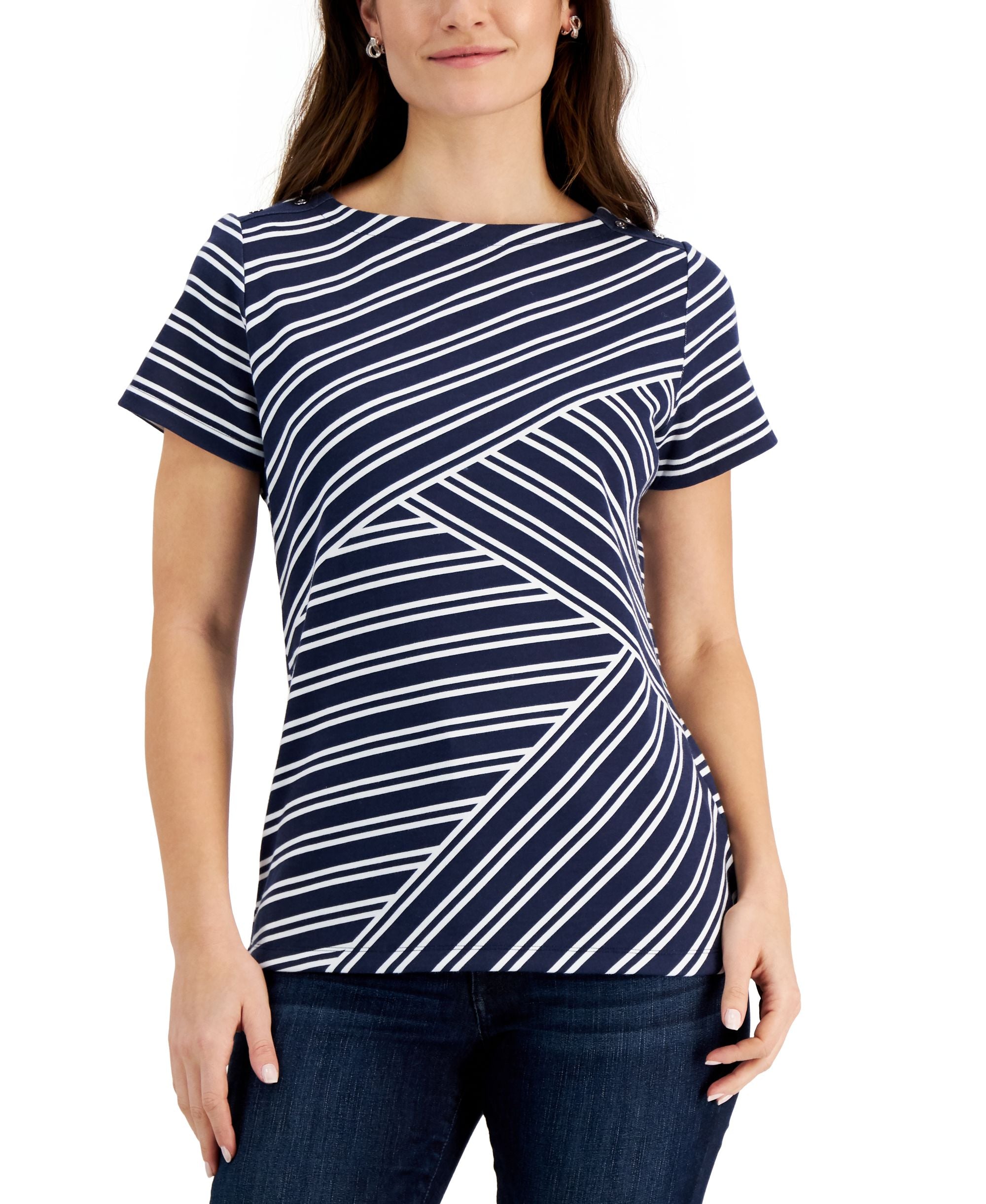 Karen Scott Asymmetrical Striped Boat Neck Premium Top