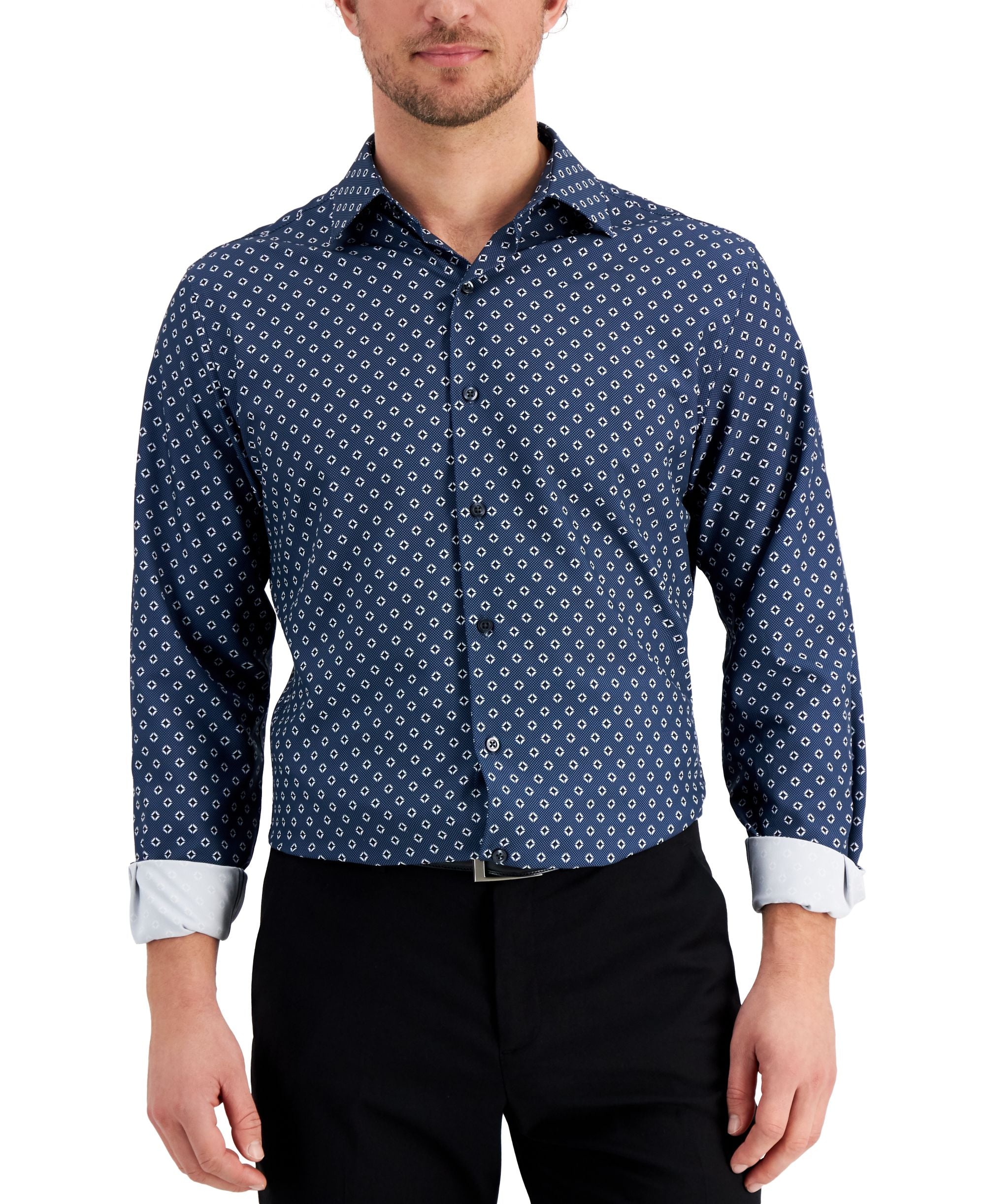 Alfani Mens Slim-Cut Fit 4 Way Stretch Geo Print Dress Modern Shirt