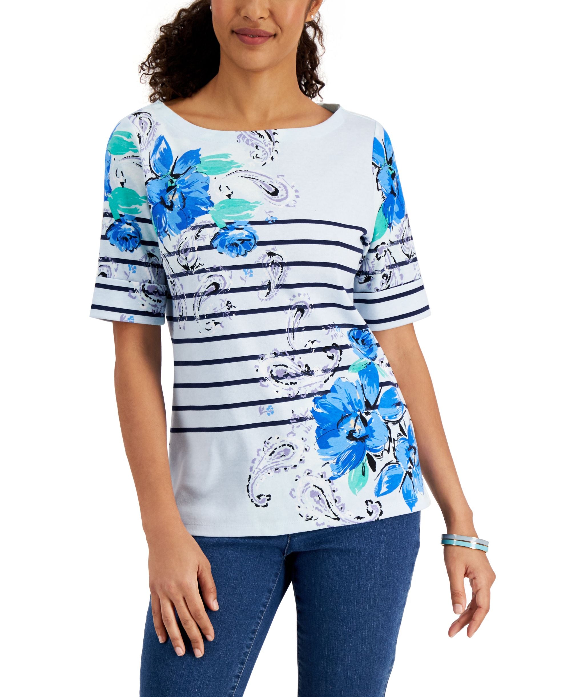 Karen Scott Petite Striped Floral Print Premium Top