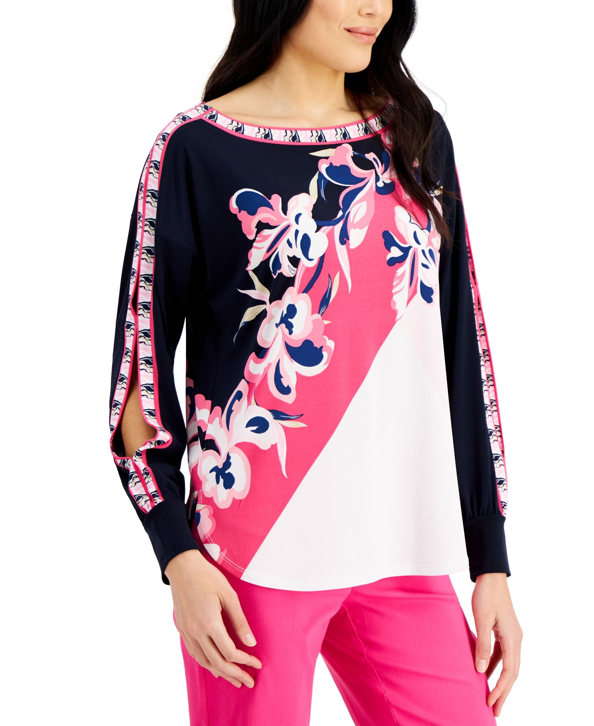 JM Collection Boat Neck Split Sleeve Premium Top