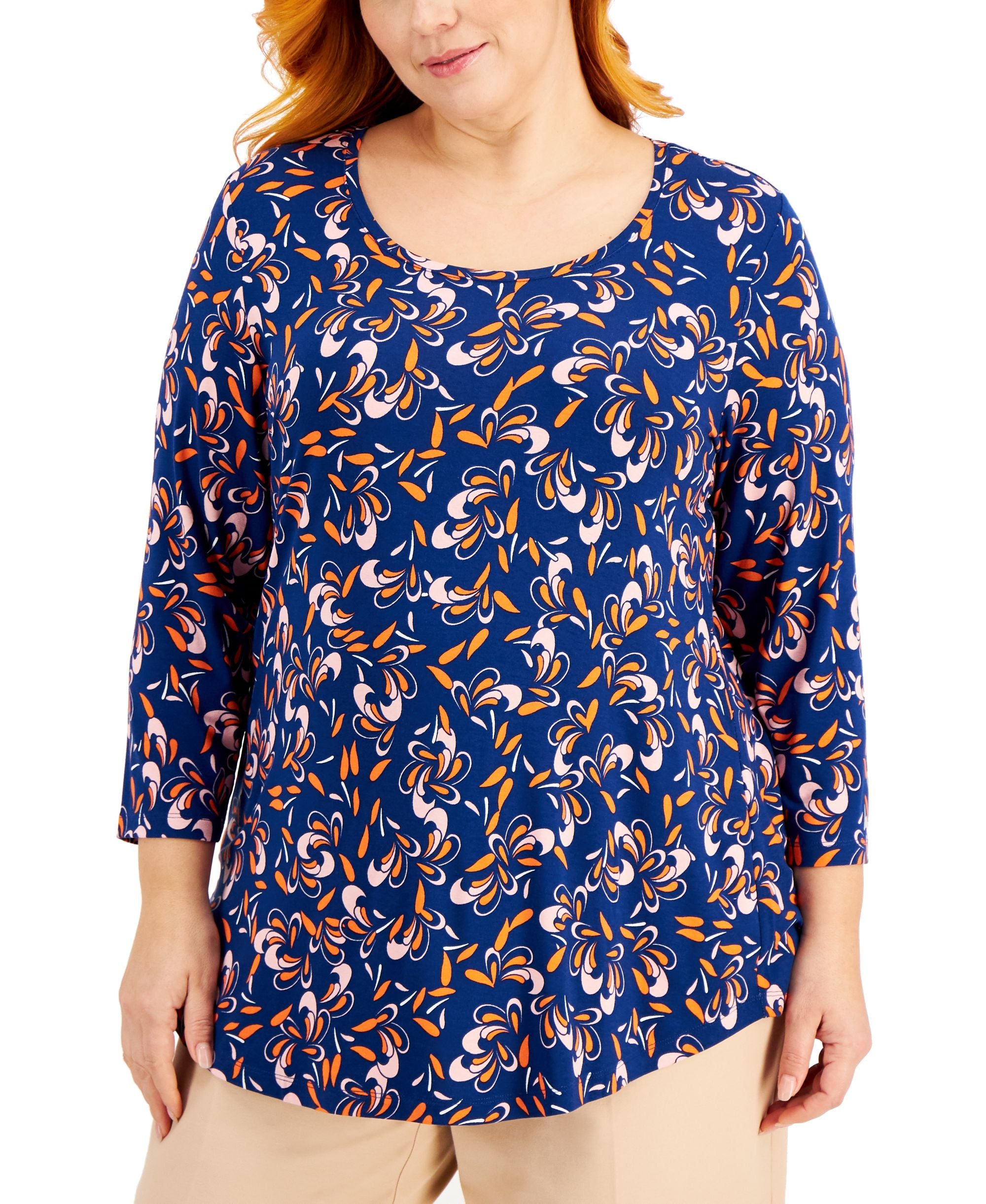 JM Collection Plus Size Printed 3/4 Sleeve Premium Top