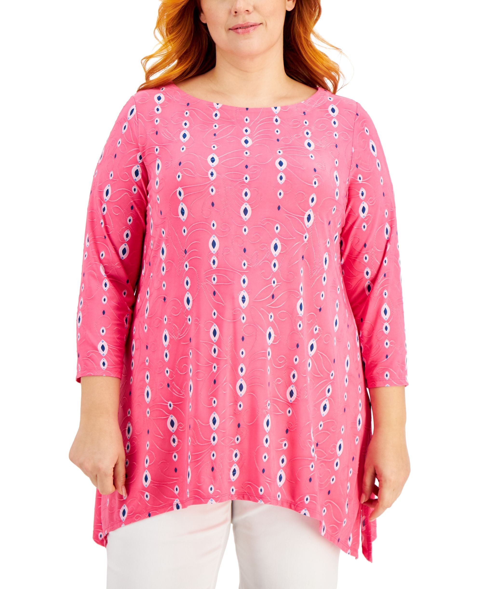 JM Collection Plus Size Printed Jacquard Handkerchief Hem Premium Top
