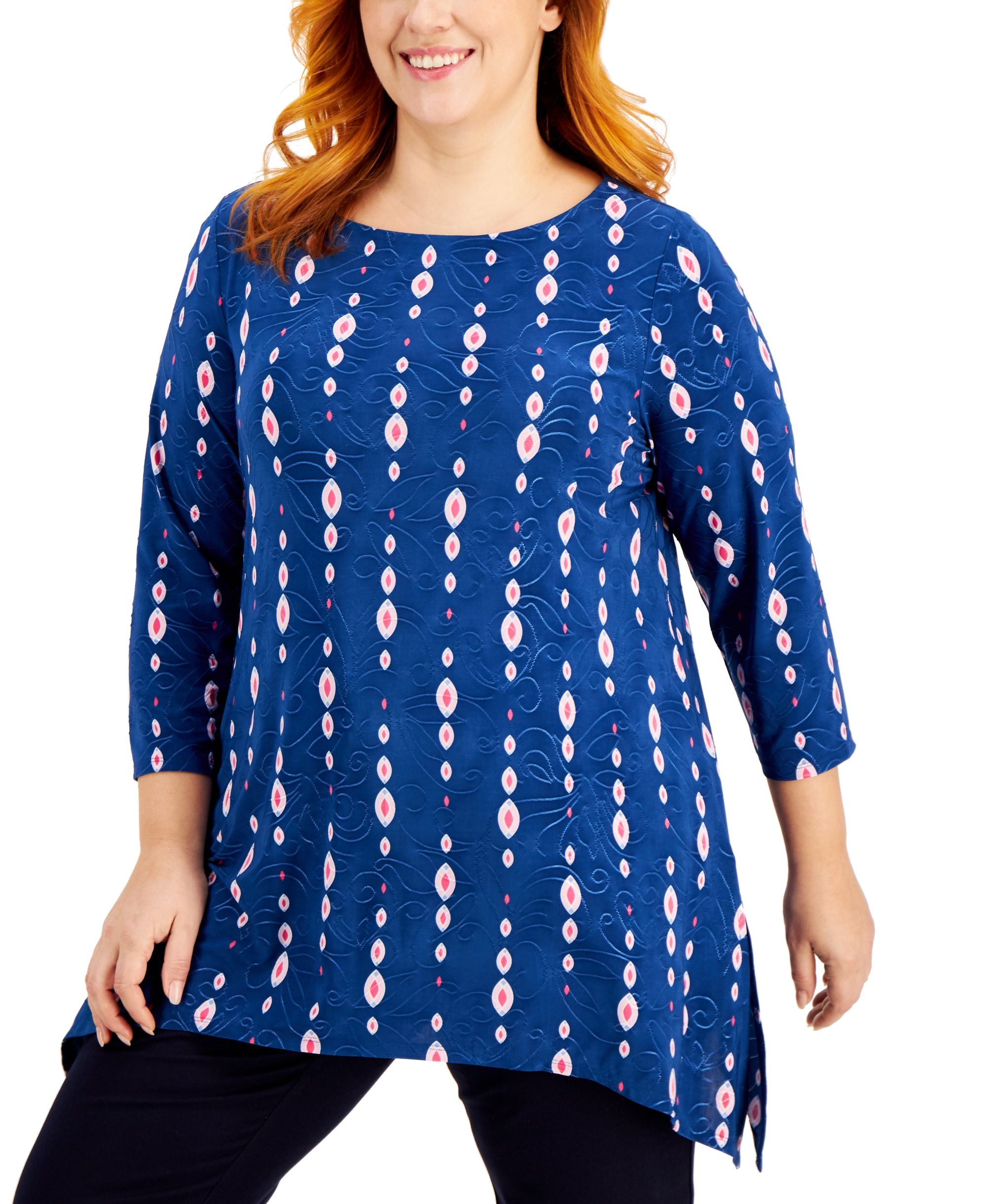 JM Collection Plus Size Printed Jacquard Handkerchief Hem Premium Top