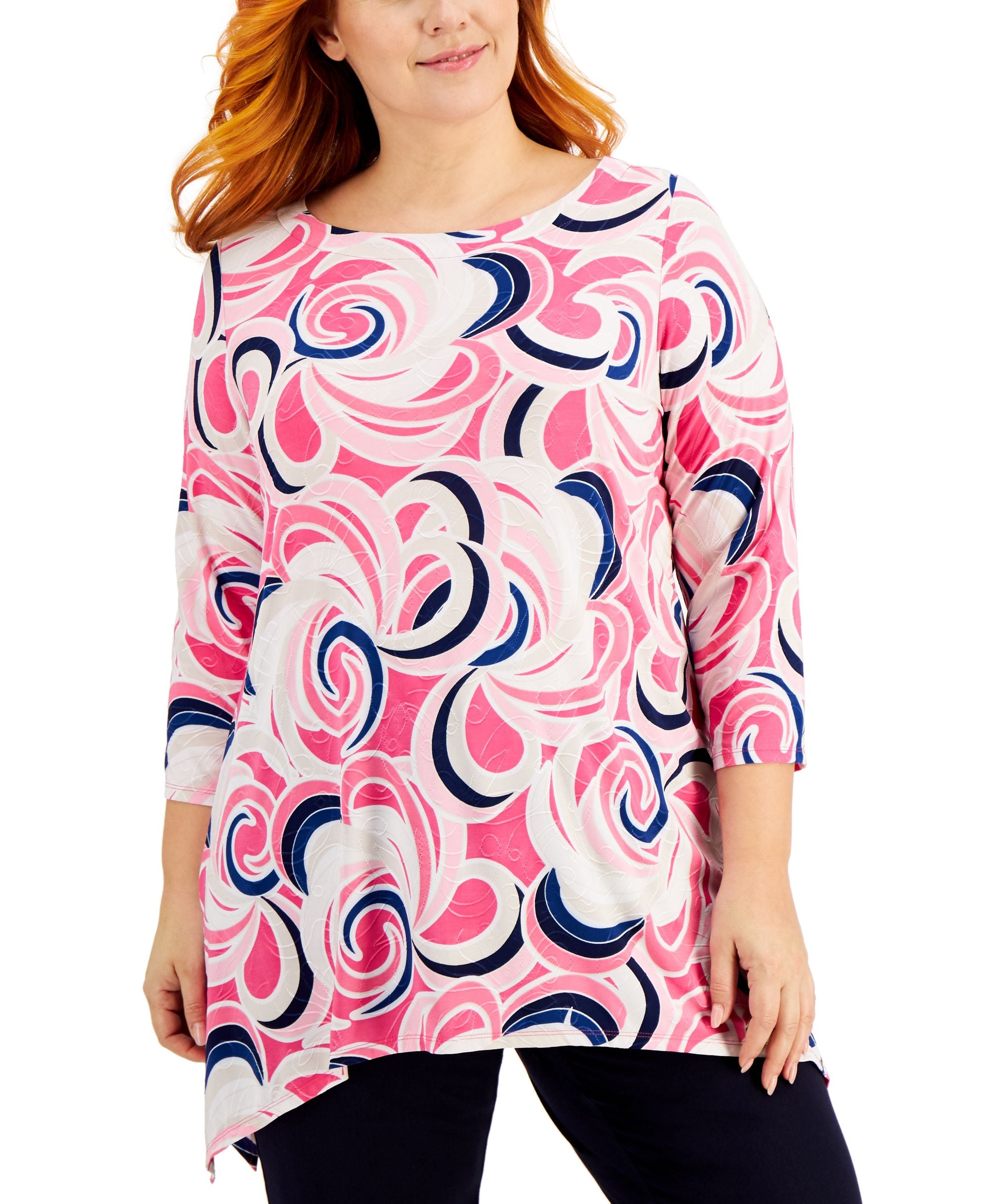JM Collection Plus Size Printed Jacquard Handkerchief Hem Premium Top