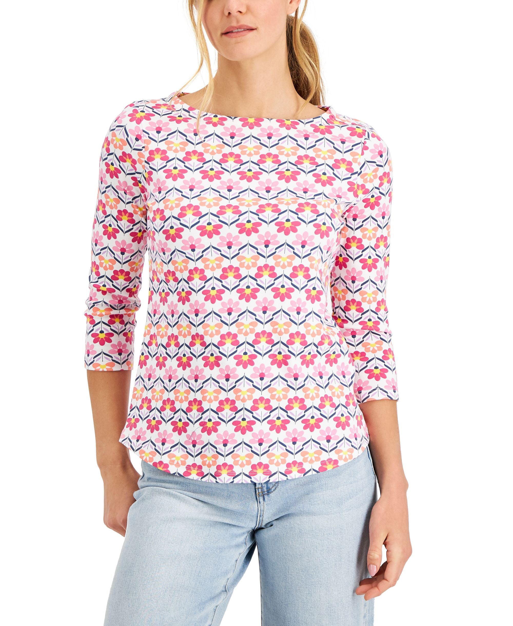 Charter Club Pima Cotton Floral Print Boat Neck Premium Top