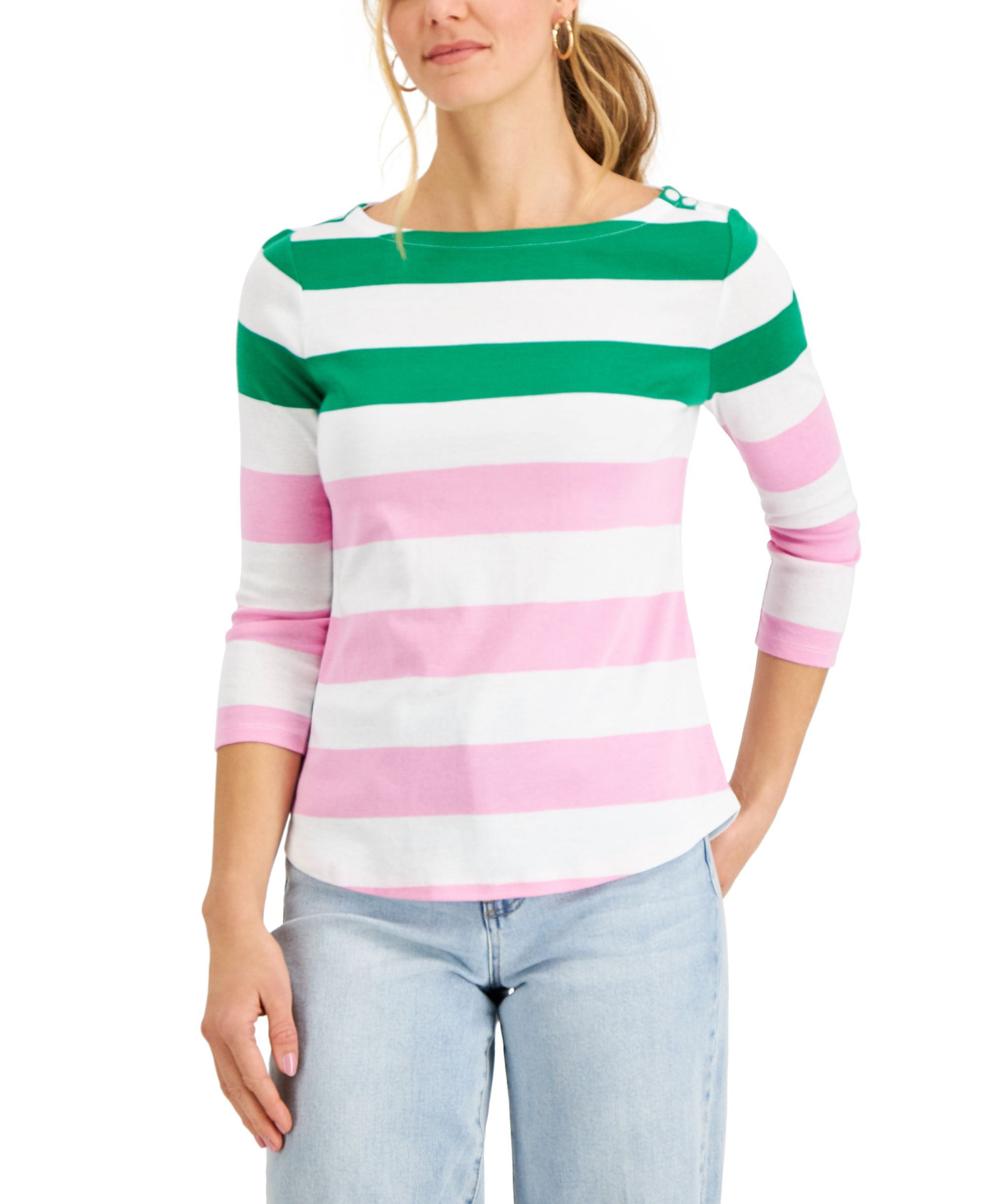 Charter Club Womens Striped Boat Neck 3/4 Sleeve Premium Top