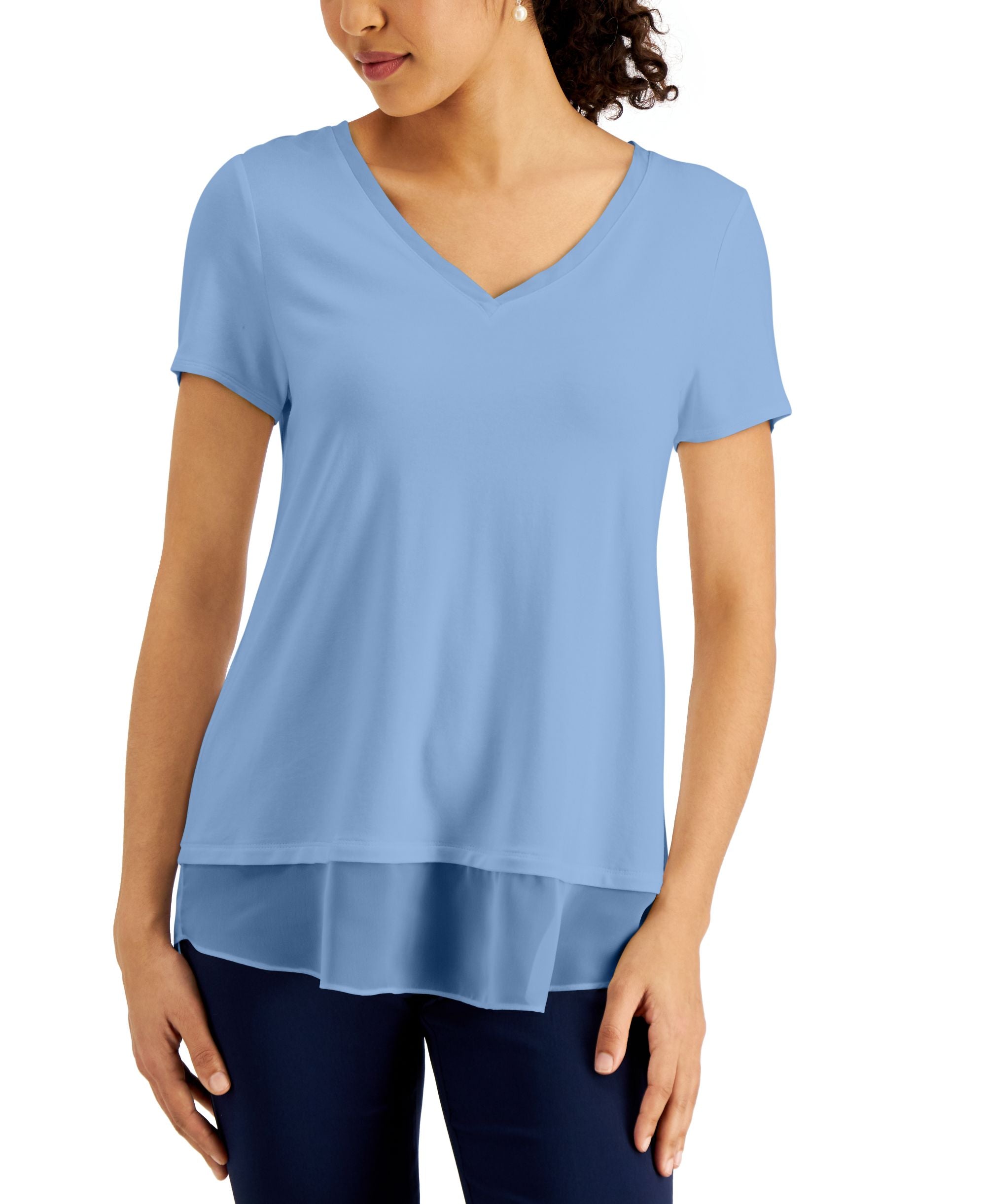 JM Collection V Neck Sheer Hem Premium Top