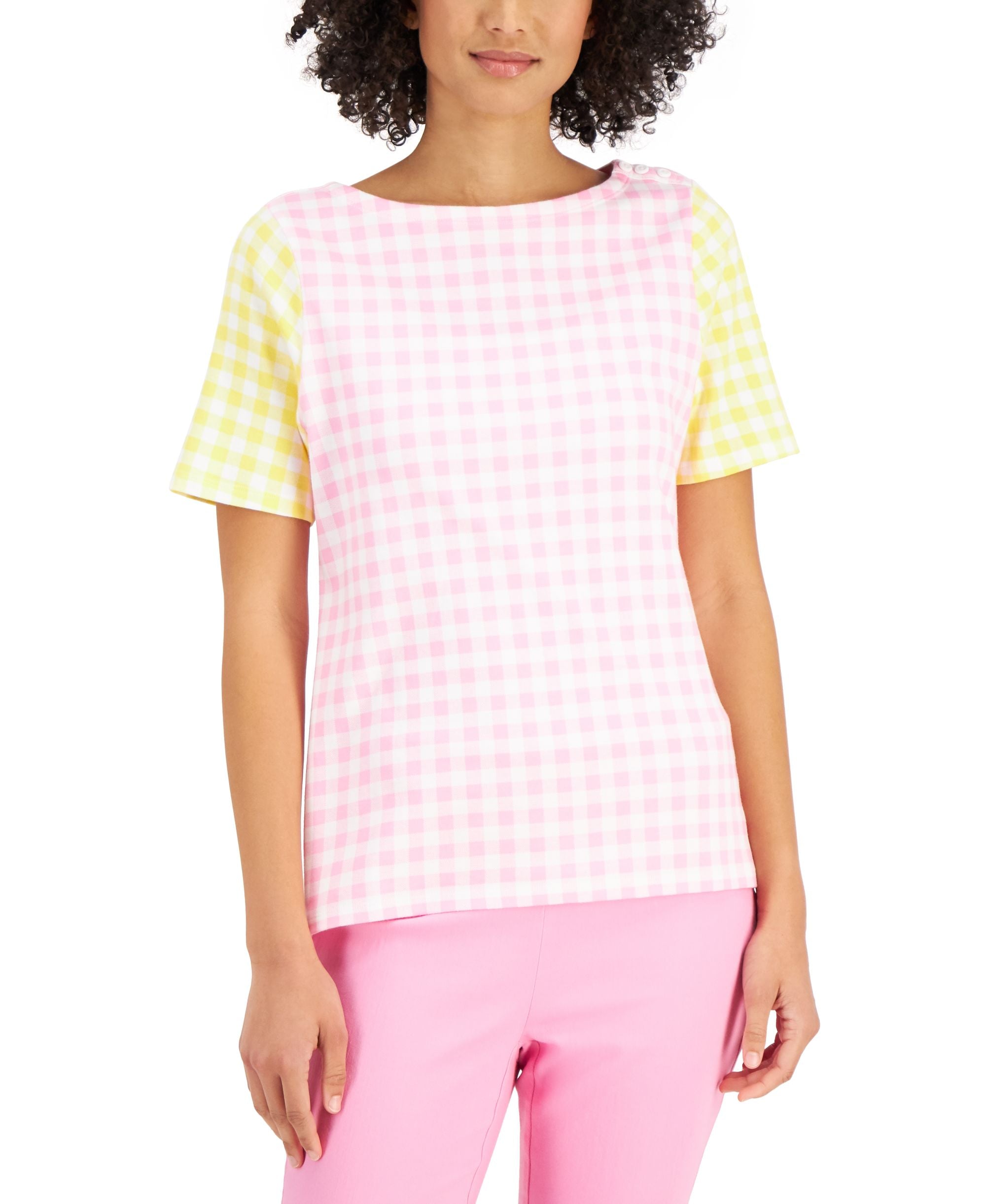 Charter Club Cotton Gingham Boat-Neck Premium Top