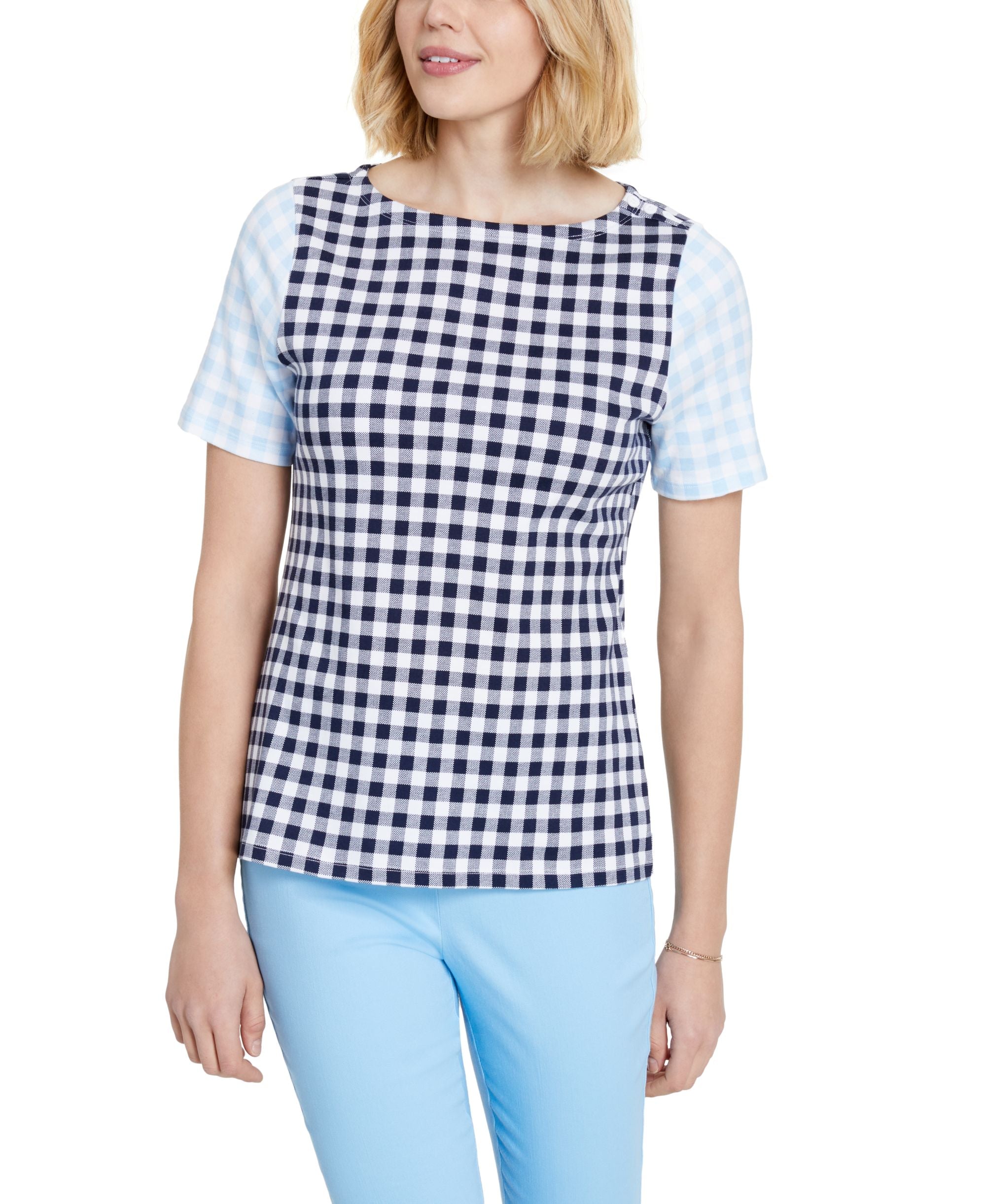 Charter Club Cotton Gingham Boat-Neck Premium Top