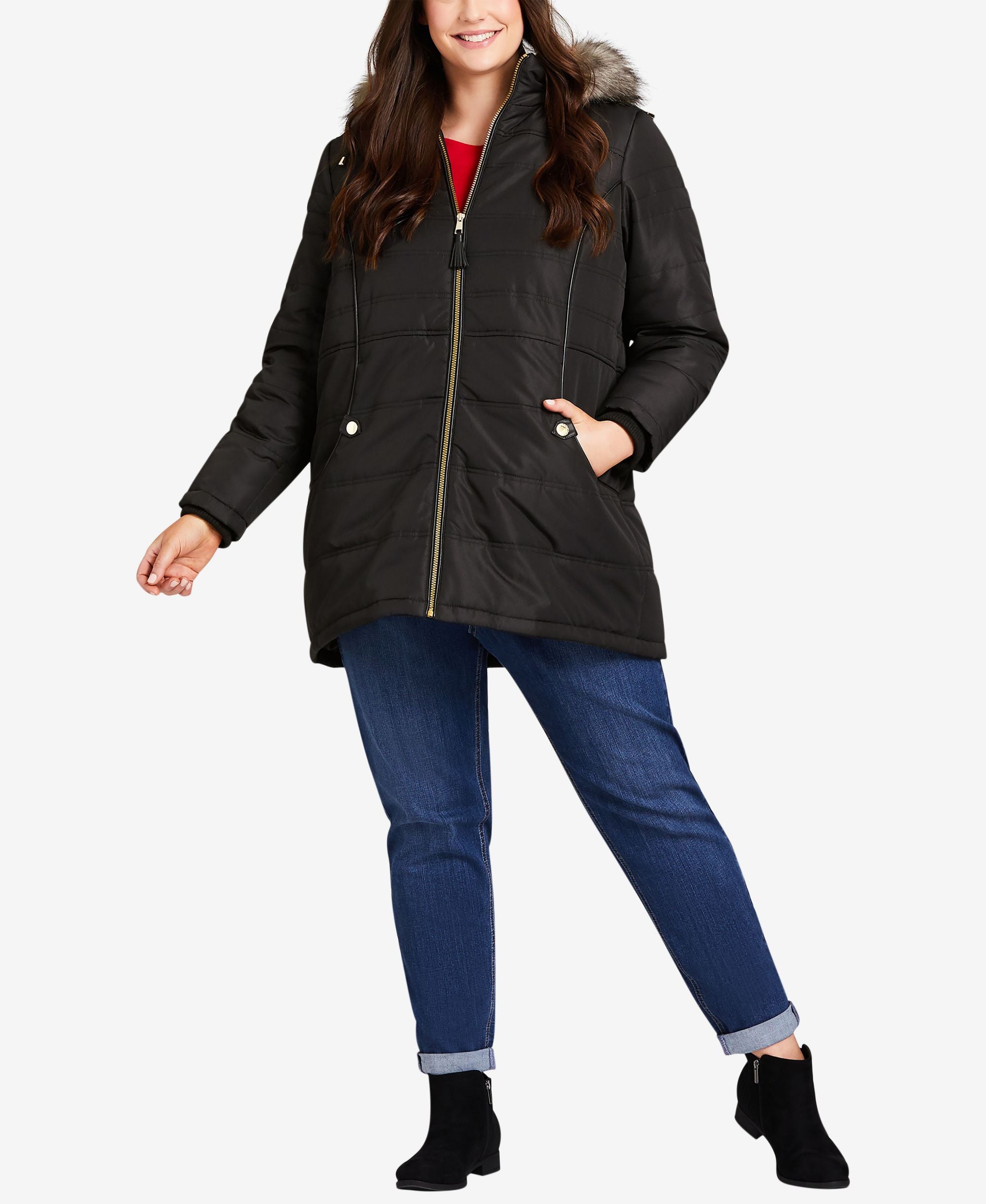 Plus Size Faux-Leather Finish Detail Puffer Coat