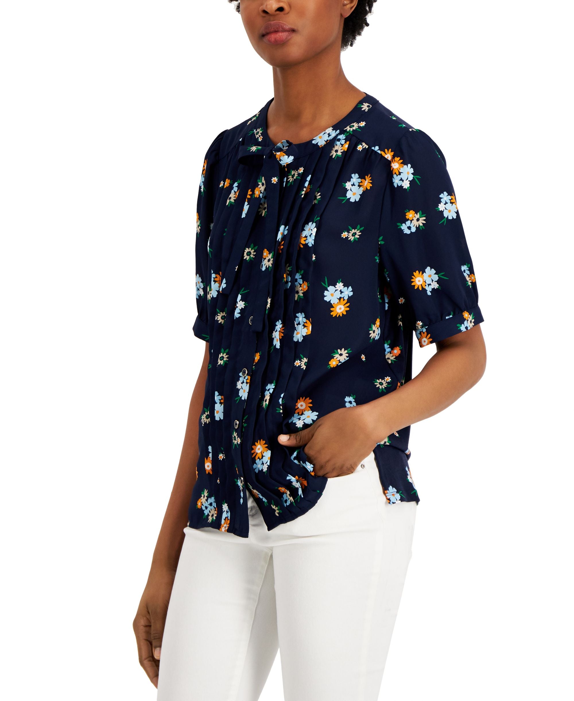 Charter Club Petite Floral Pintucked Signature Blouse