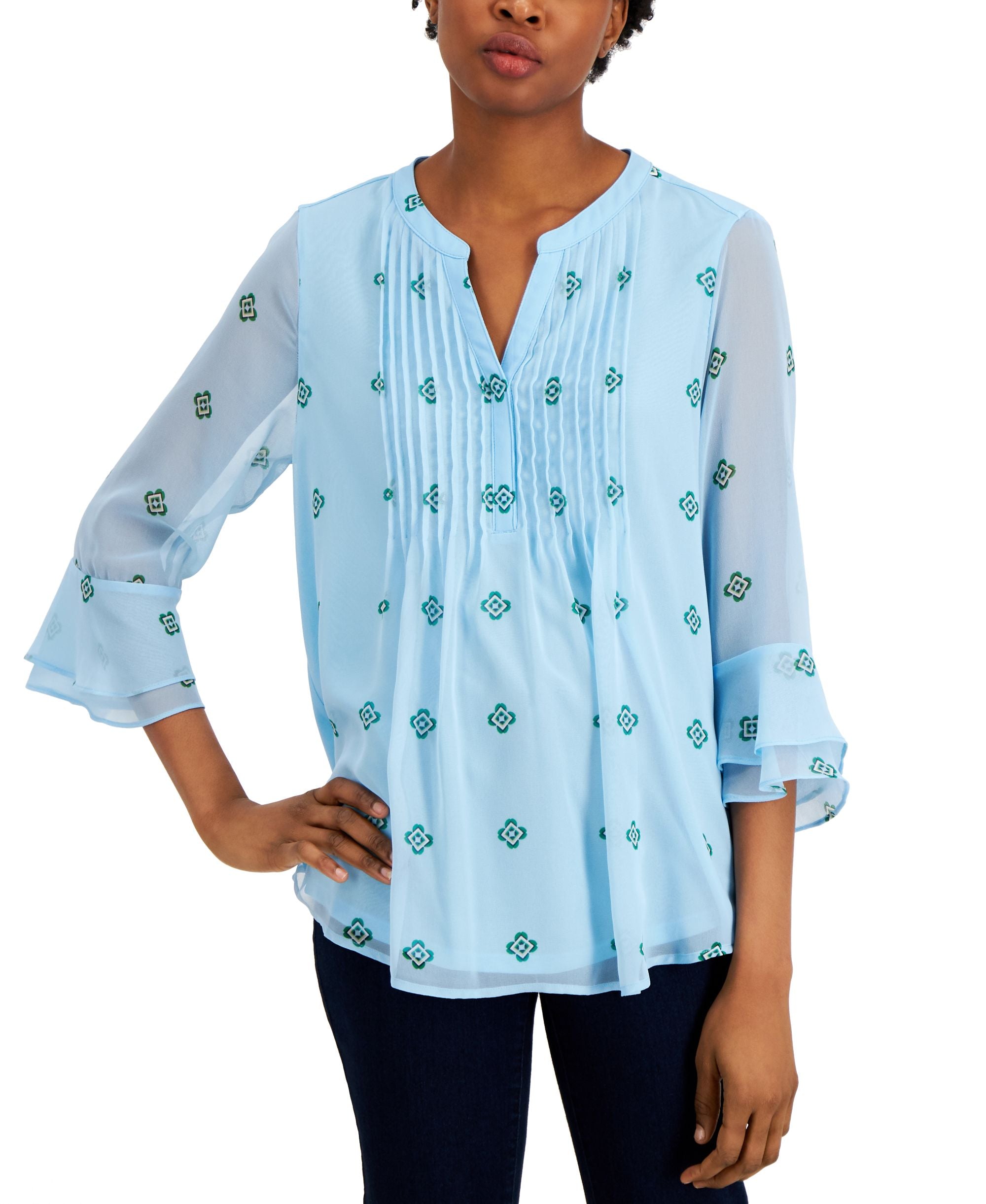 Charter Club Petite Printed Pintuck Premium Top