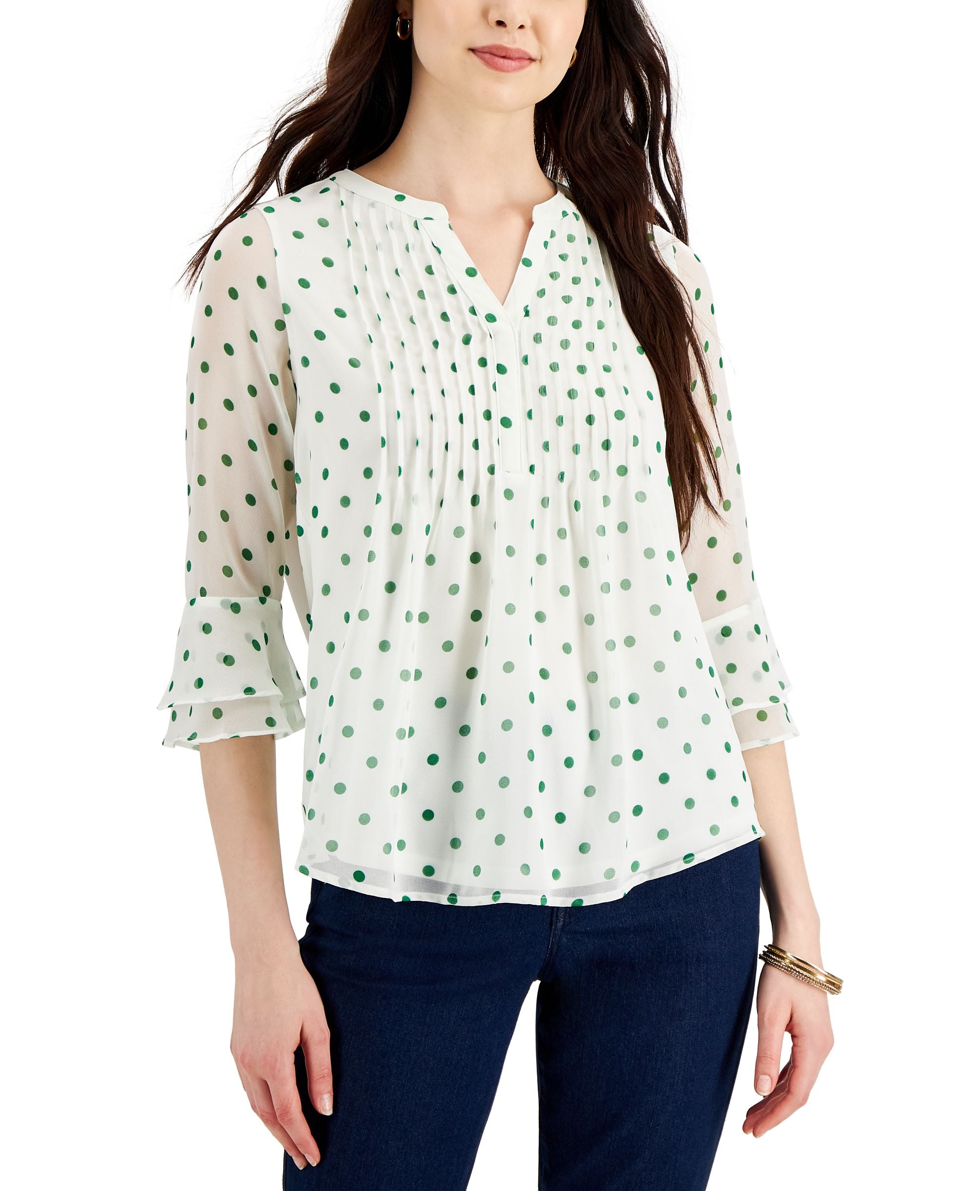 Charter Club Petite Knit Dot Print Pintucked Premium Top